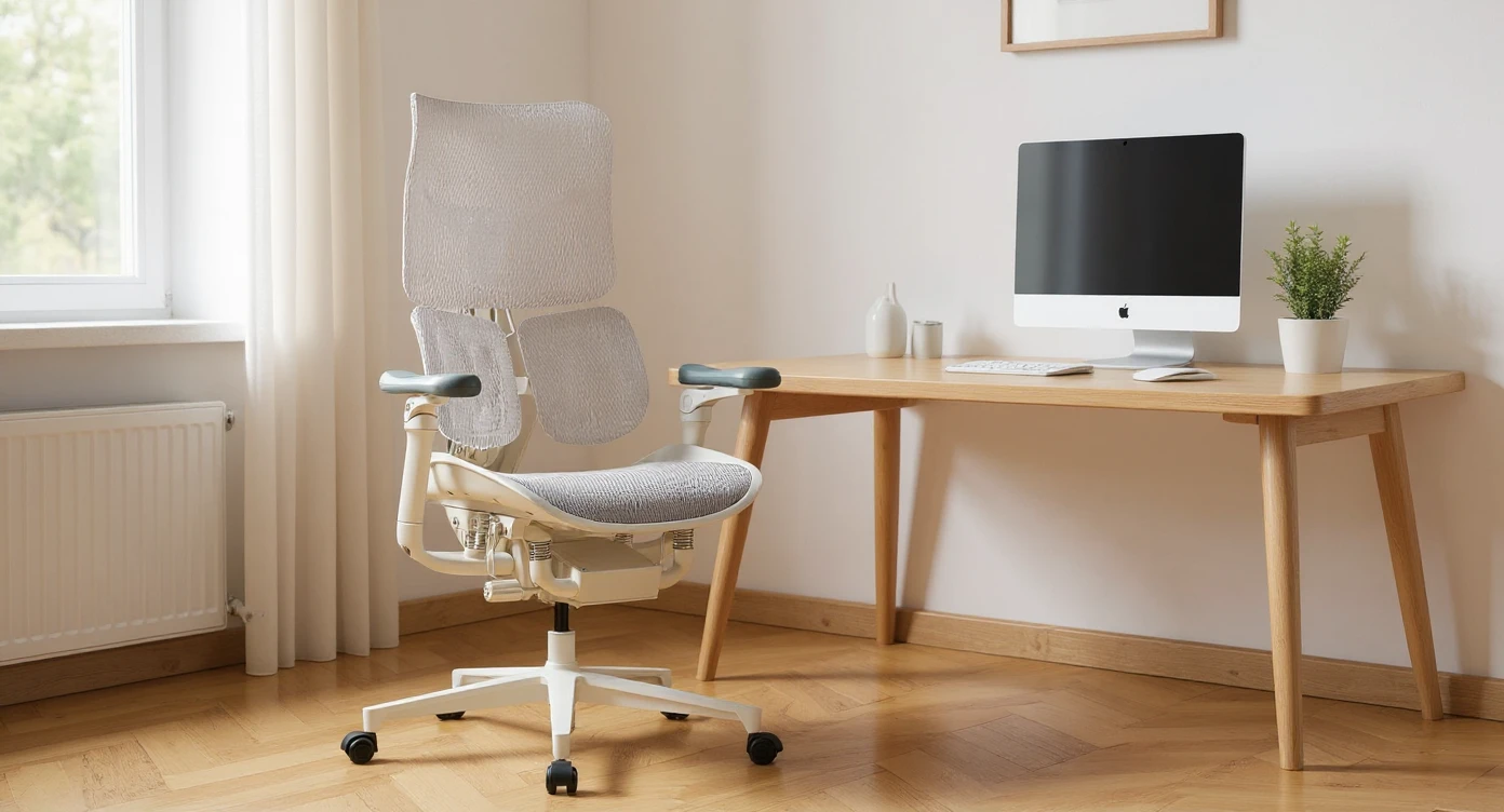 Editorial shot, Make this chair next to desk with mac setup, minimalistic room, bright and warm emoji