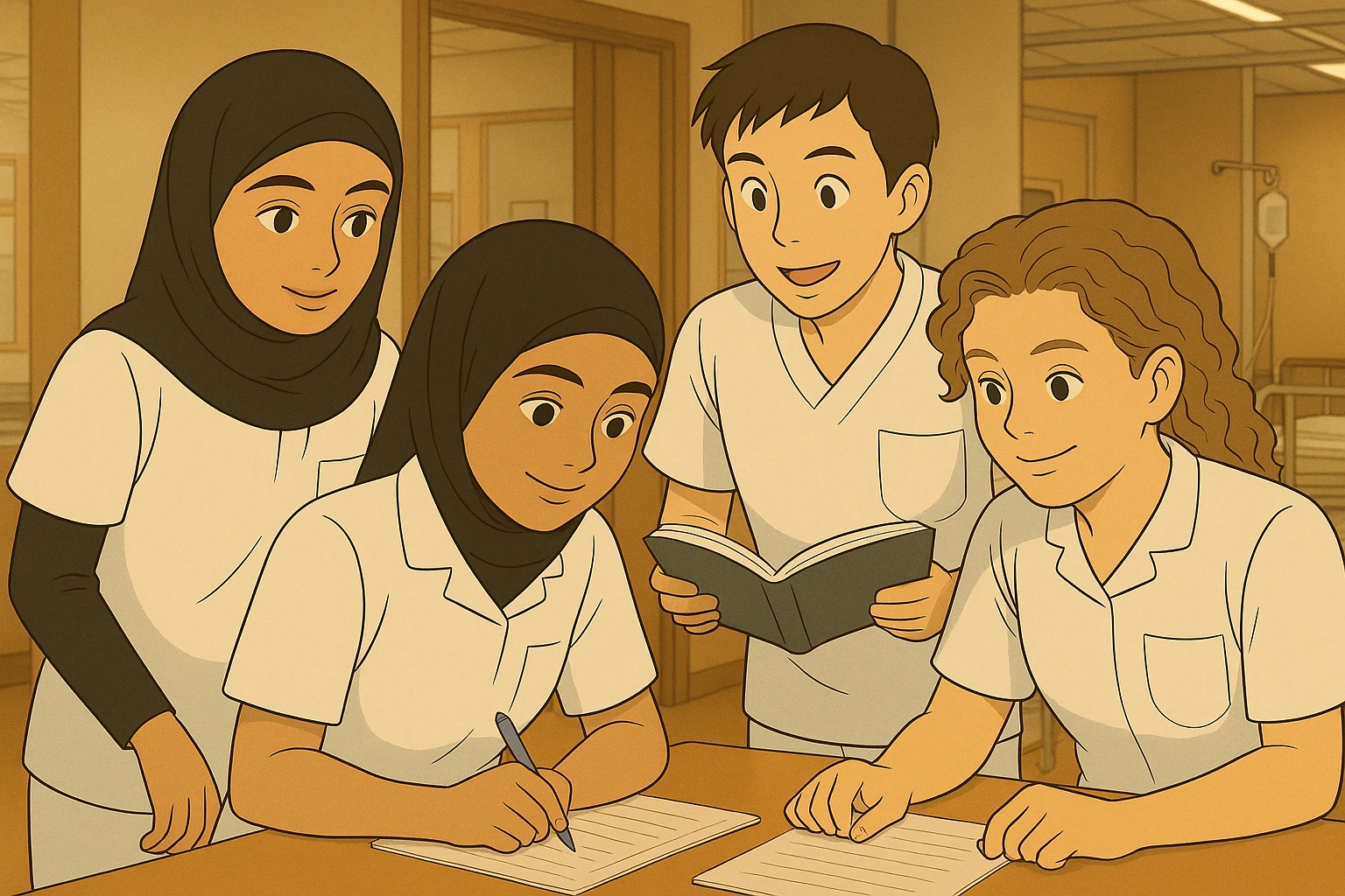 Personnaliser les quatre étudiants infirmiers en intérieur, style Ghibli, en utilisant les visages des quatre photos fournies, tenues blanches à manches courtes, tuniques médicales col en V, poche poitrine à gauche, pas de pied de col, pas de stéthoscopes, avant-bras nus, cheveux longs attachés pour celles qui en ont. Ambiance chaleureuse et collaborative. emoji