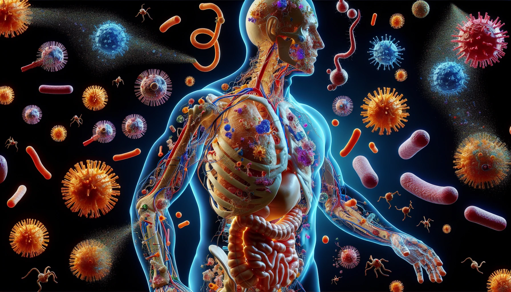 corpo umano anatomico che accumula tossine e virus e malattie nel corpo , iperrealistico 4k emoji