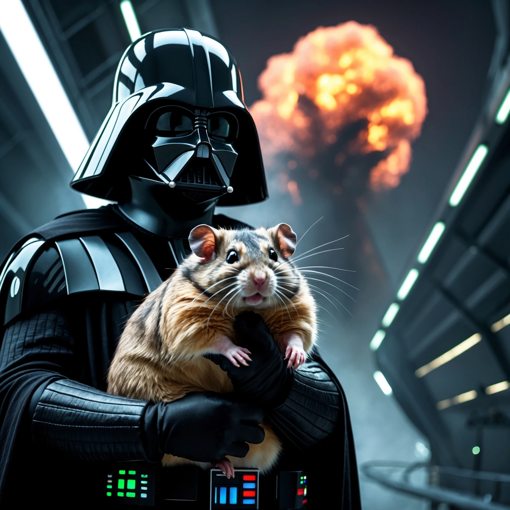 Cinematic still, Extreme Closeup Photo of a darth vader holding big hamster, low key light, explosion startship background with leading lines, back light, spot light emoji