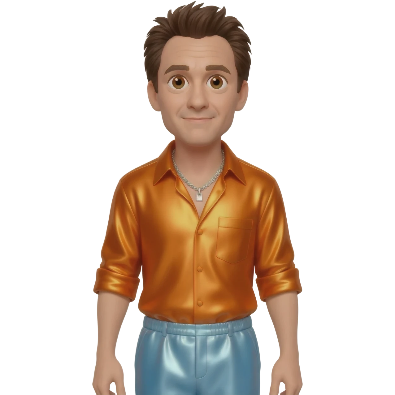 Jim Carrey with brown eyes, dark brown hair, orange metallic shirt, light orange blue metallic baggy pants, silver necklace emoji