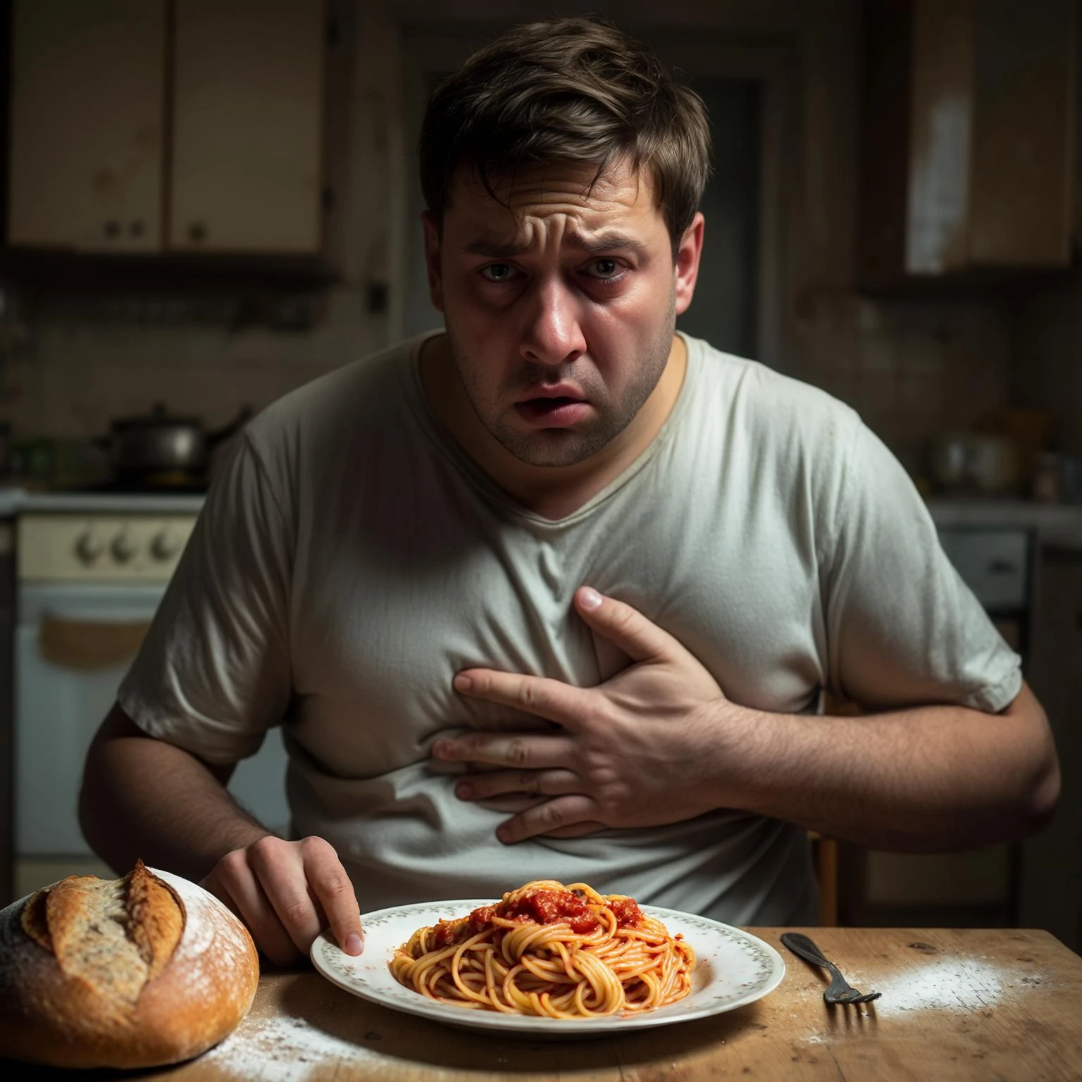 A man in his mid-30s sitting at a kitchen table with a plate of pasta and bread in front of him, looking uncomfortable and conflicted. His facial expression shows bloating, fatigue, and mild abdominal pain. One hand is on his stomach, the other hesitating to eat. emoji