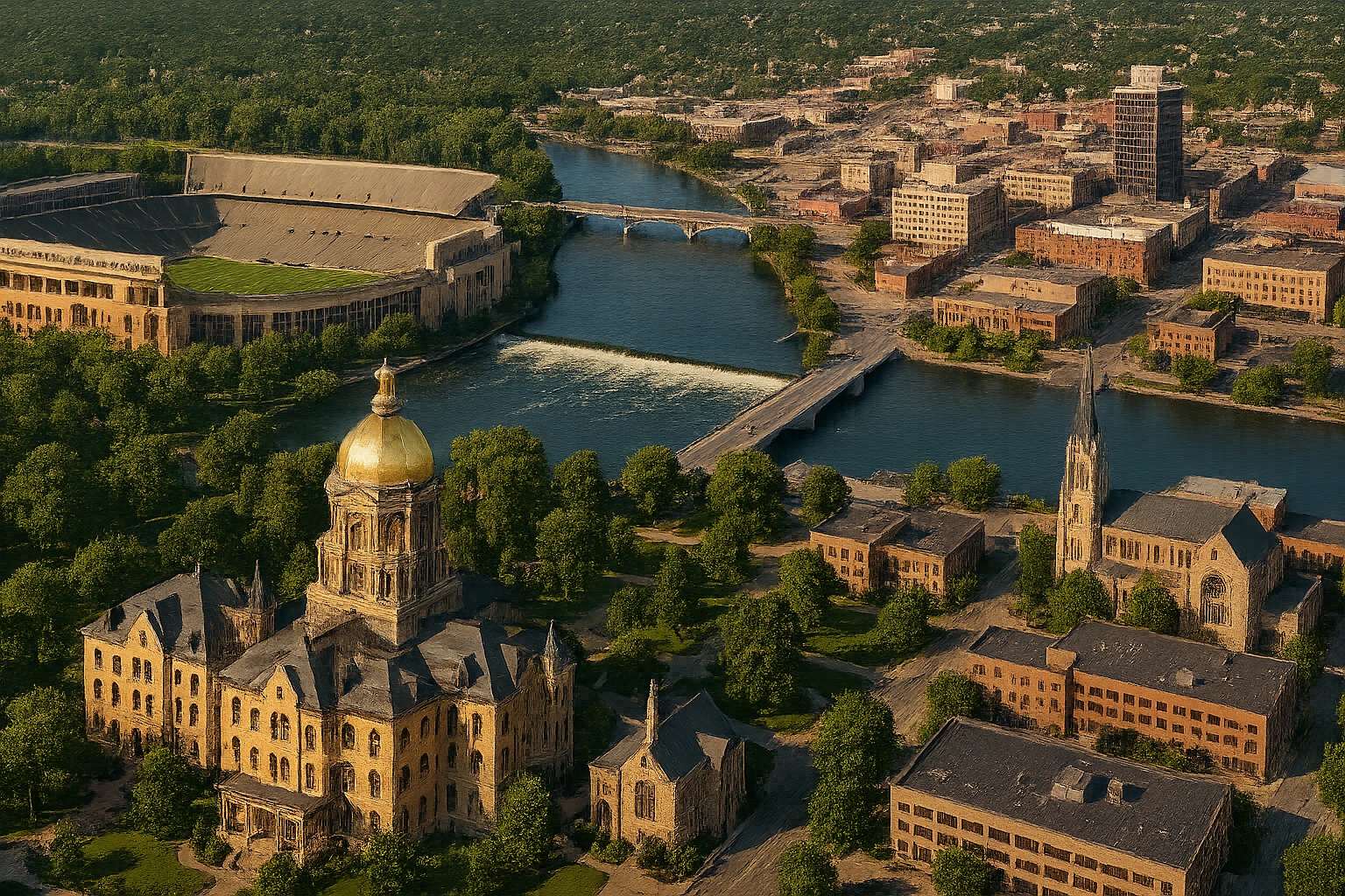 cinematic realistic emoji of South Bend Indiana wide city view with iconic landmarks University of Notre Dame campus including Golden Dome Notre Dame Stadium St Joseph River downtown South Bend lifelike detail accurate colors bright daytime lighting no sky no clouds no city name label emoji