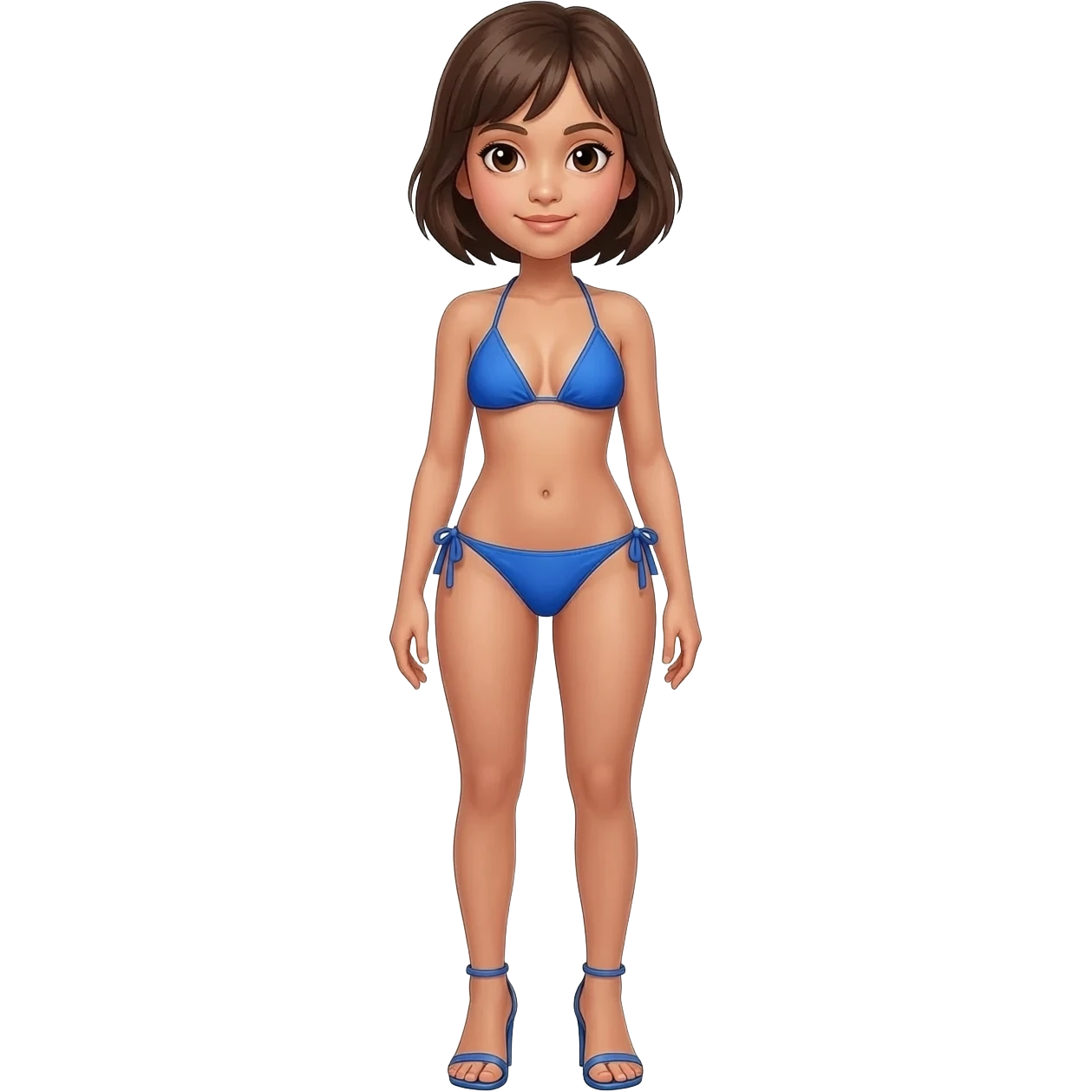 Filipino girl real blue triangle top bikini and tie tanga bikini bottom full body slim stand straight with high heels sandals brown short hair emoji