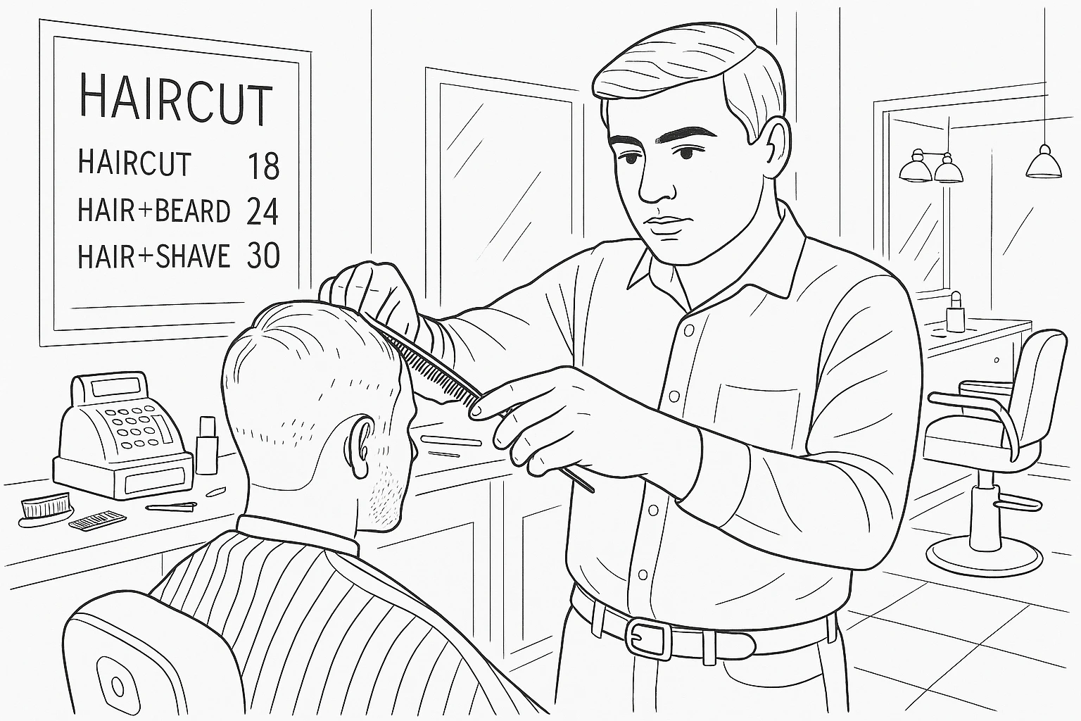 Draw me a sketch of the barbershop, but make sure there's a cash register there. emoji