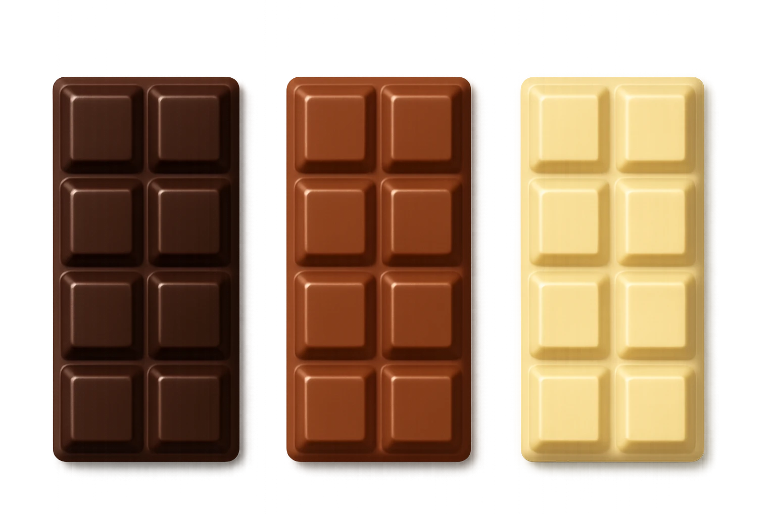 3 emoji stile iphone di BARRETTE DI CIOCCOLATO, UNA FONDENTE, UNA AL LATTE E UNA BIANCA, CON OMBRA REALISTICA, VISTE DALL'ALTO, IPERREALISTICO 4K emoji