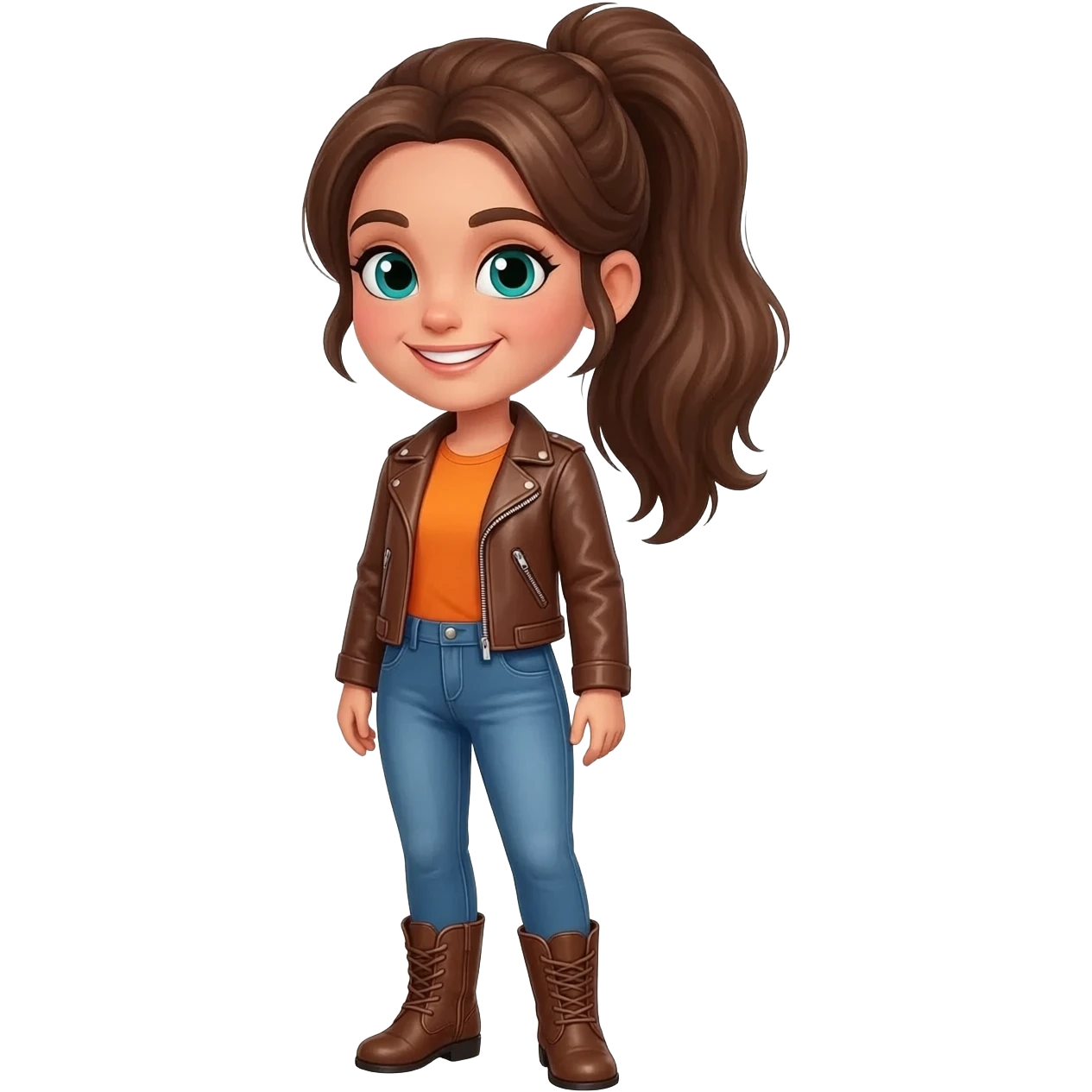 A emoji girl wearing brown leather boots, and blue jeans and an orange👕and a brown leather jacket. long brown hair in a ponytail. turquoise eyes. light tan skin. smirk. emoji