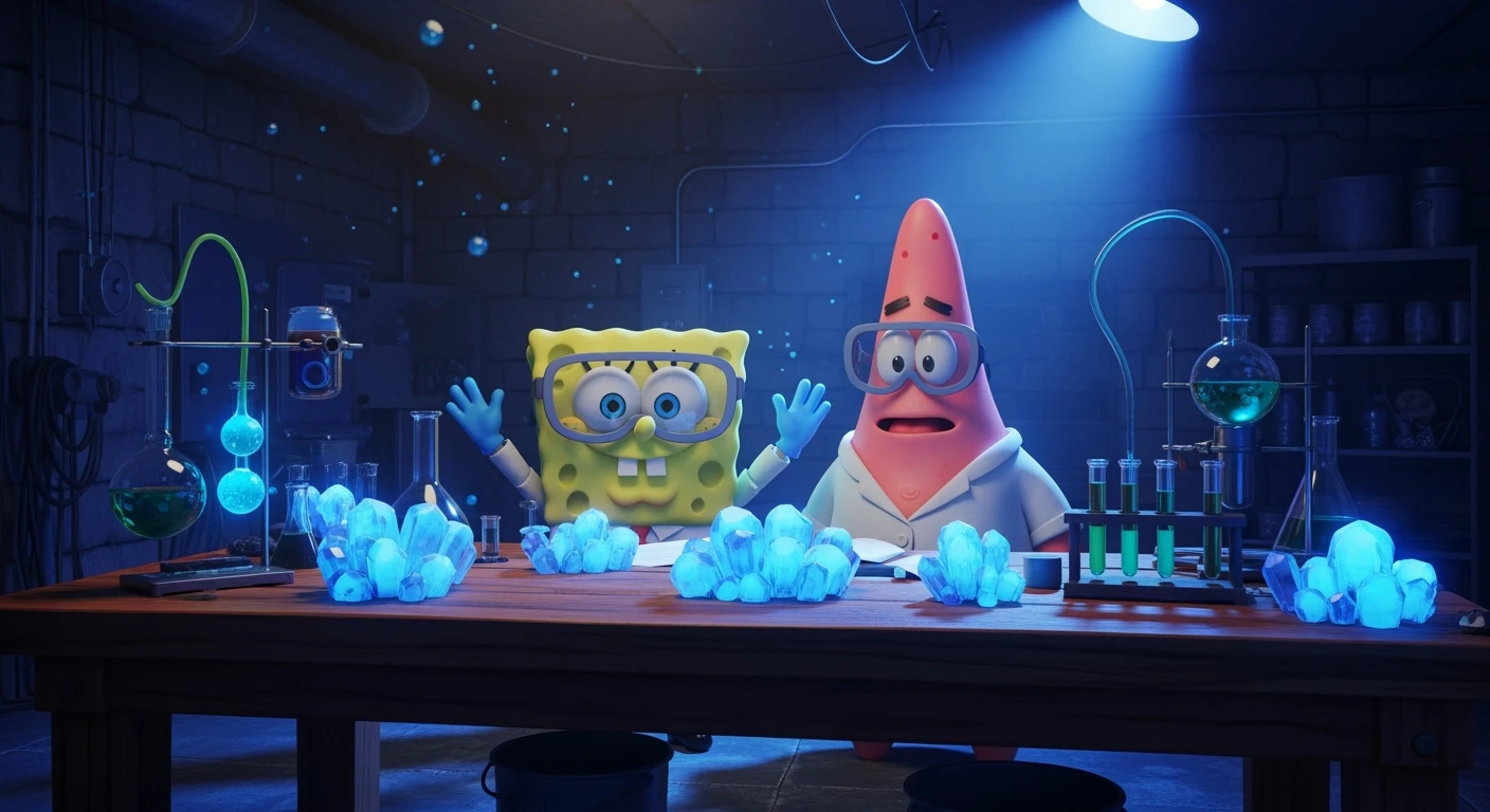 3D cienmatic cartoon shot, spongebob and patric dress in safety glasses and safe white outfit, the are standing front of table with blue crystals on table glowing (light source) science room in basement, back light, Cinema 4d render, proffesional lightning, blue colors emoji