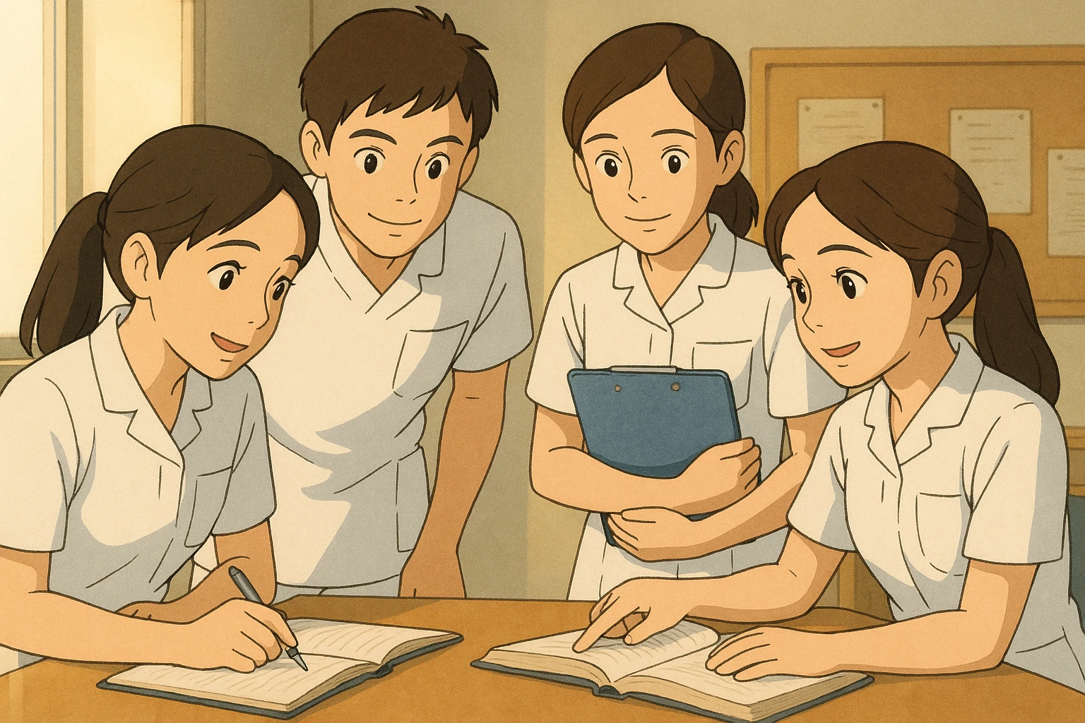 Quatre étudiants infirmiers en intérieur, style Ghibli, travaillant en collaboration et en interaction. Uniformes blancs à manches courtes, tuniques médicales col en V, poche poitrine à gauche, avant-bras nus, pas de pied de col ni stéthoscopes, cheveux longs attachés pour celles qui en ont. Visages inspirés des quatre photos jointes. emoji