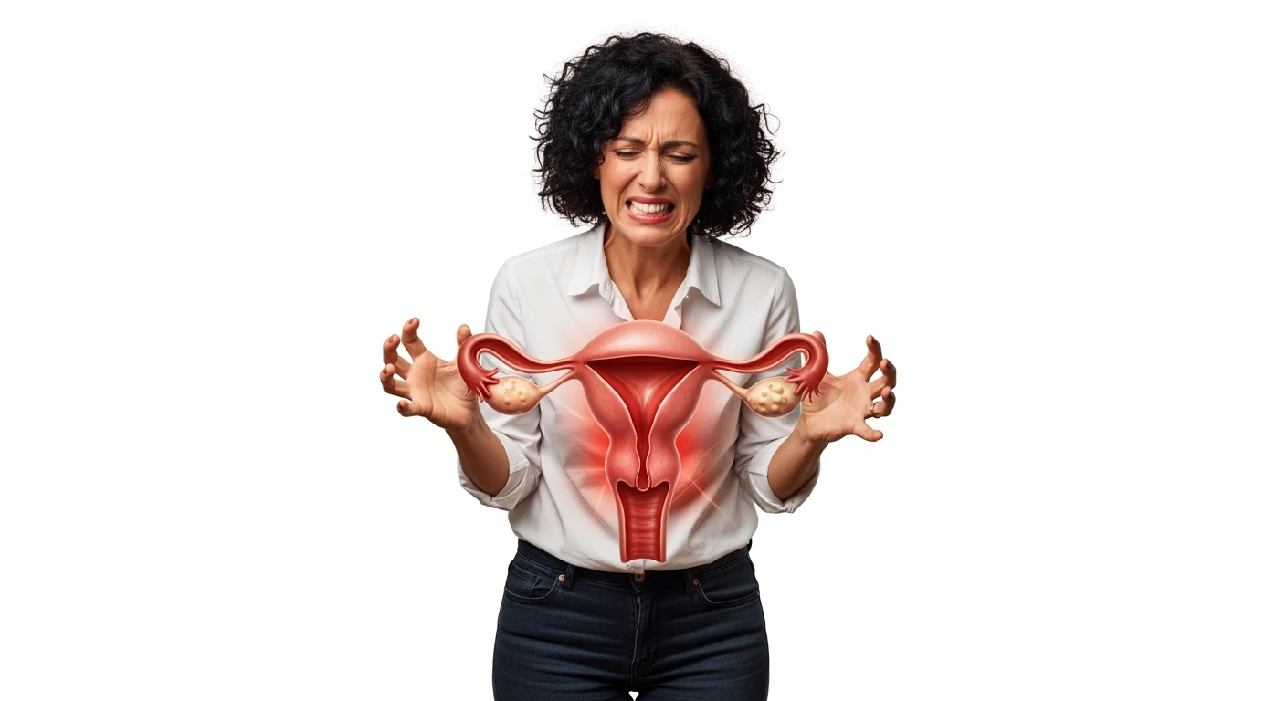 donna a figura intera con utero umano realistico in 3d in evidenza dolorante, espressione di dolore in volto, sfondo bianco, non farla computerizzata, ma iperrealistica 4k, sfondo bianco emoji