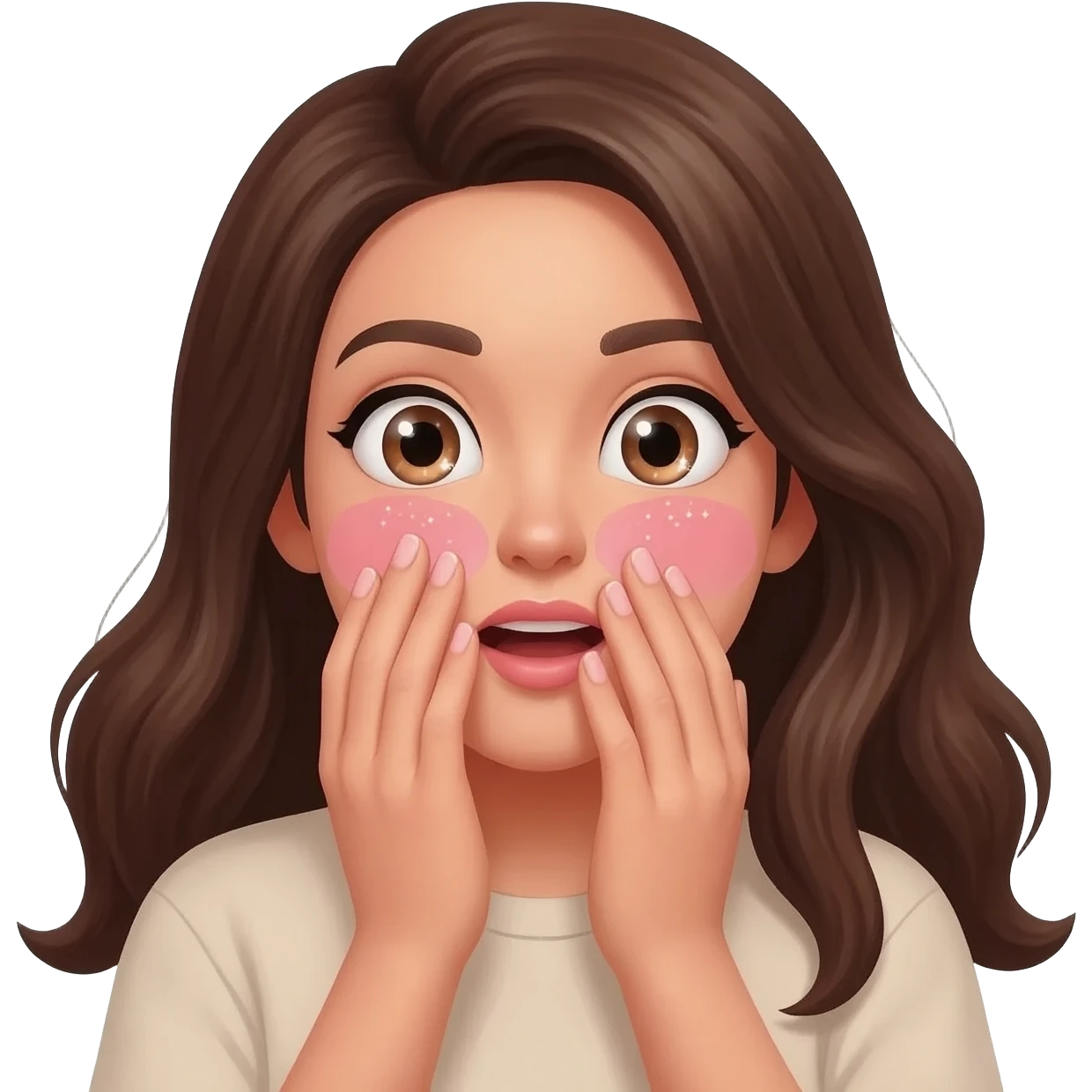 A woman covers her mouth with both hands, her cheeks blushing shyly. Tiny sparkles shine in her eyes, showing a surprised and excited expression. emoji