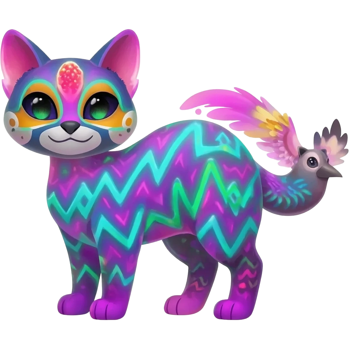 Realistic Colorful pale nebula gradients-colored randomly-colored fruity glorious exotic neon vibrant zigzagged fantasy-caracal-civet-genet-sergal-vernid-Gryphon-Cacomistle-Trico-oncilla-animal-Fakémon-hybrid-fursona (full body), facial markings, (realism style) emoji