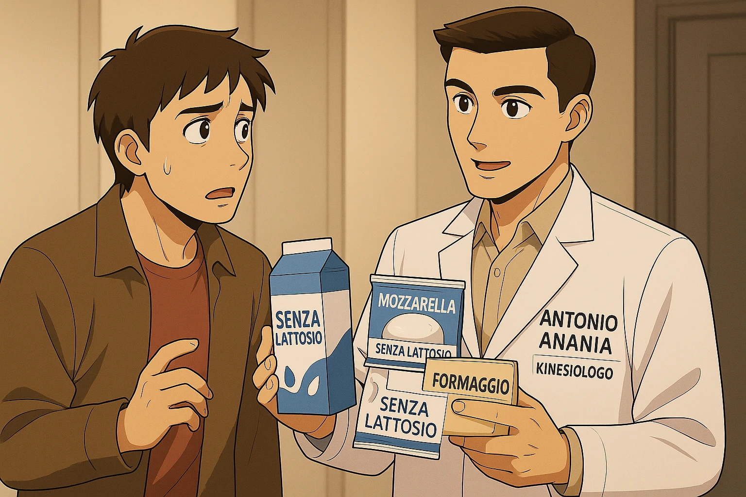 fai un webtoon manga a colori con questo stile, in cui un uomo ASCOLTA Il kinesiologo con il camice bianco (fagli anche la scritta "ANTONIO ANANIA" SUL CAMICE, IL KINESIOLOGO SPIEGA ALL'UOMO UNA MOSTRANDO VARI PRODOTTI DA SUPERMERCATO CONFEZIONATI (TIPO SCATOLA DI LATTE, MOZZARELLE CONFEZIONATE, FORMAGGIO CONFEZIONATO), OGNI CONFEZIONE HA LA SCRITTA "SENZA LATTOSIO SULL'ETICHETTA. L'UOMO OSSERVA IL KINESIOLOGO CON ESPRESSIONE CONFUSA IN VOLTO. non fare i fumetti però, fai solo in modo che sembri stiano parlando emoji