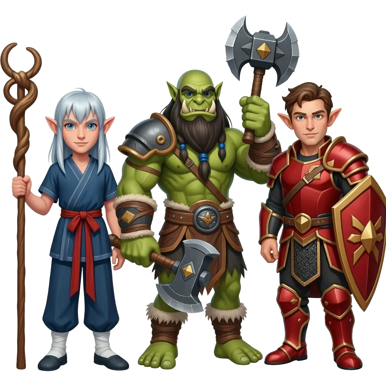 A male elf kungfu master with a staff and silver blue hair, a male orc shaman with maces in each hand, and a male elf paladin in red armor, as a group emoji