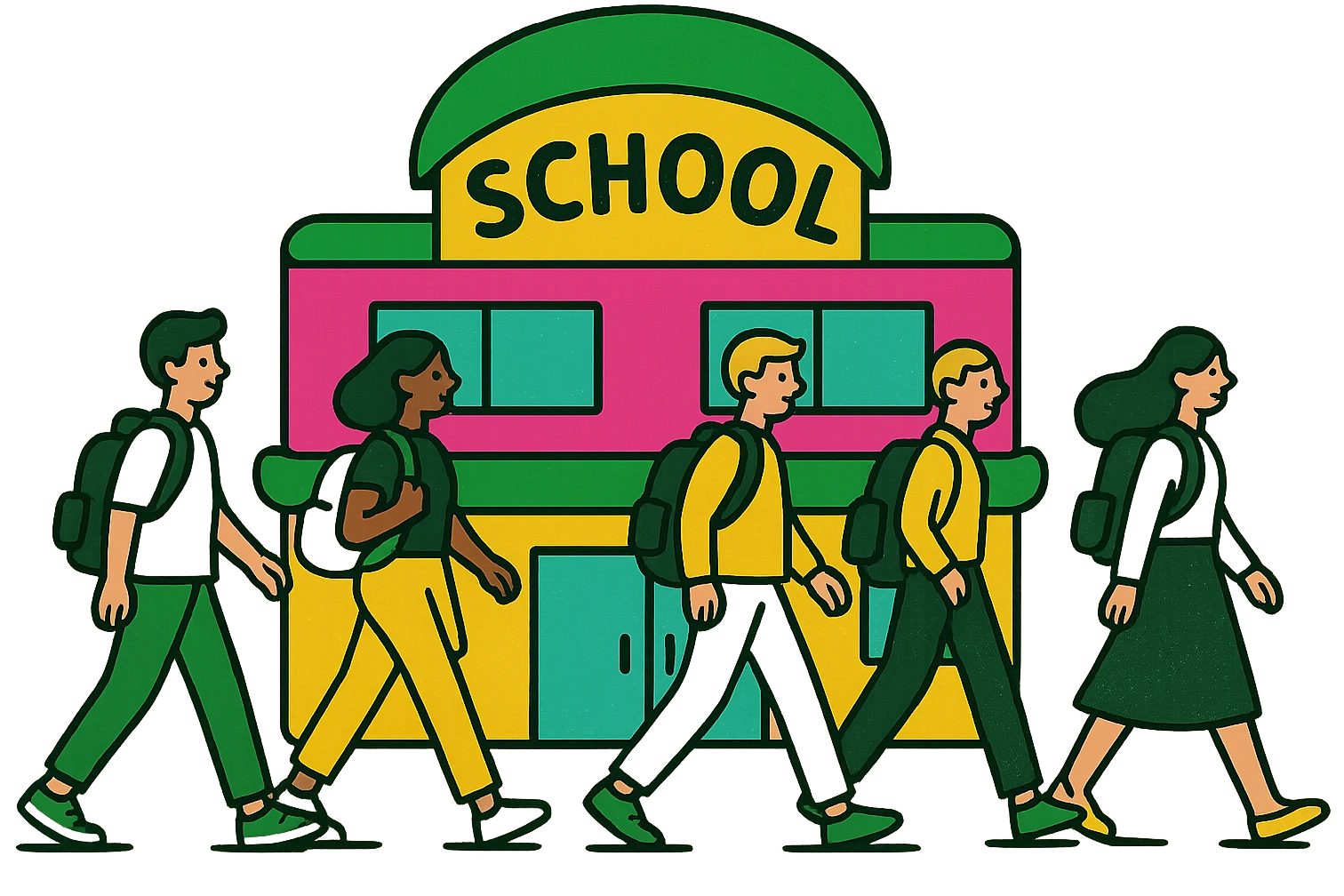 Add students walking in front of the school building in a modern look with a green, gold, and white color scheme. Use rounded shapes and a simple design, with no background. emoji