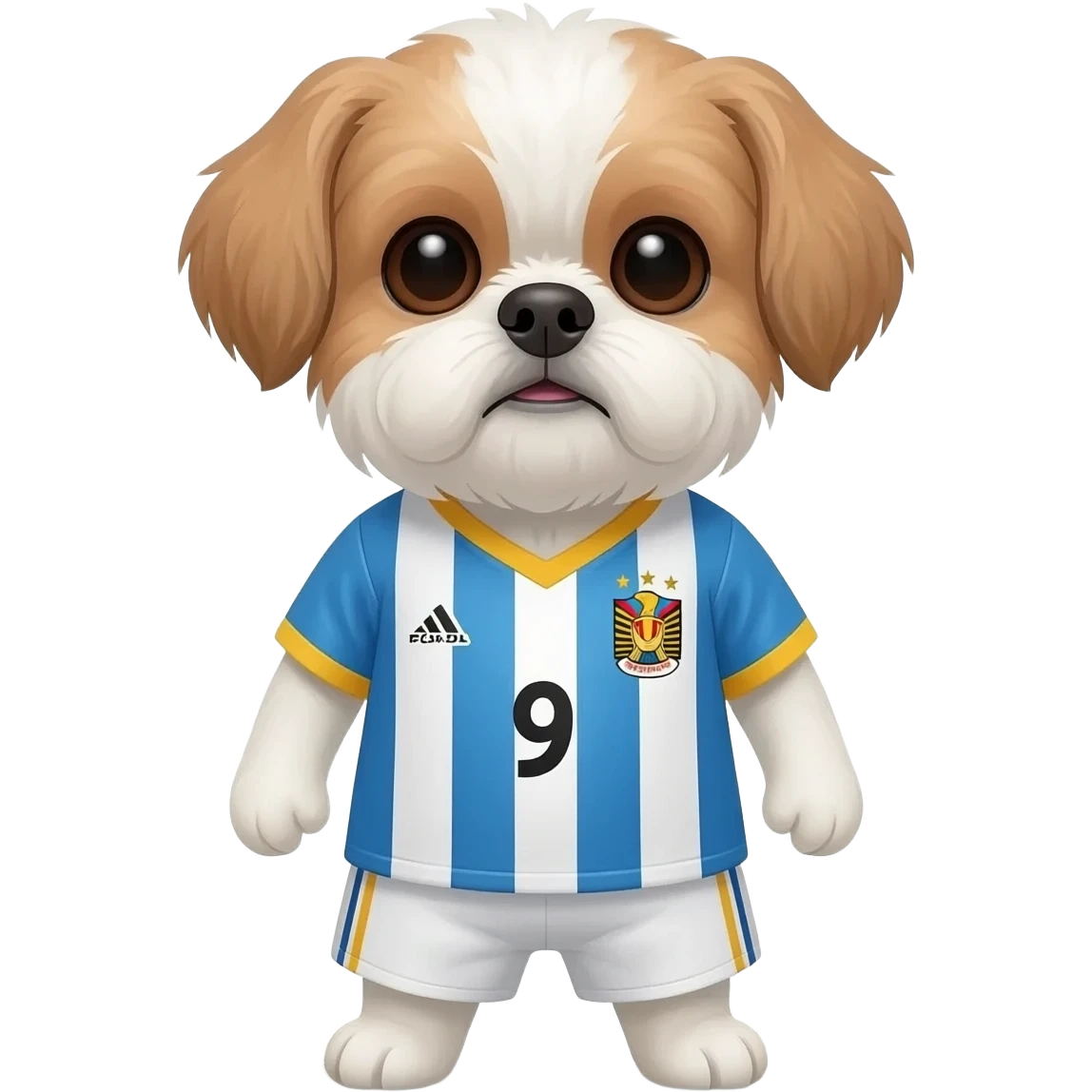 white and light brown shih zhu wearing a Egypt soccer jersey v neck 2026 work cup emoji