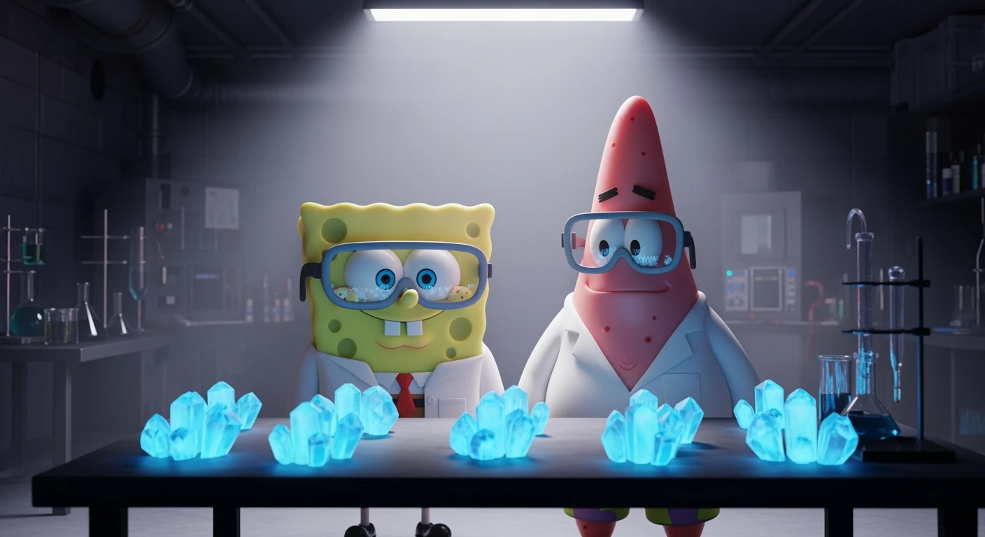 3D cienmatic cartoon shot, spongebob and patric dress in safety glasses and safe white outfit, the are standing front of table with blue crystals on table glowing (light source) science room in basement, back light, Cinema 4d render, proffesional lightning emoji