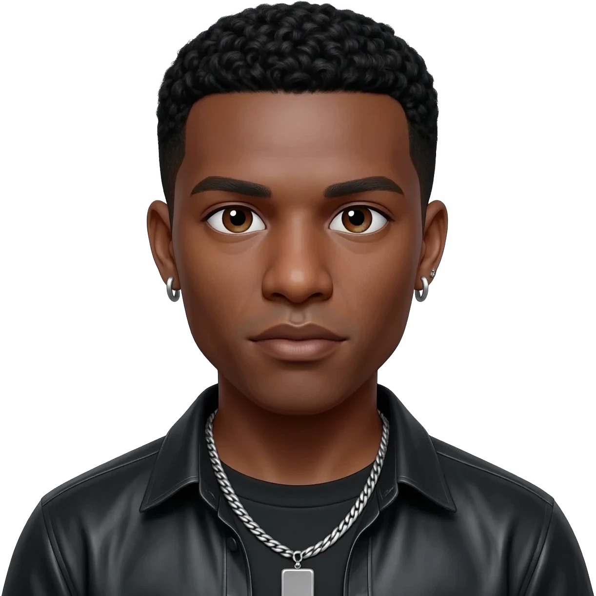 Keith Sweat with dark brown eyes, black hair, black metallic shirt, silver necklace and short earrings emoji