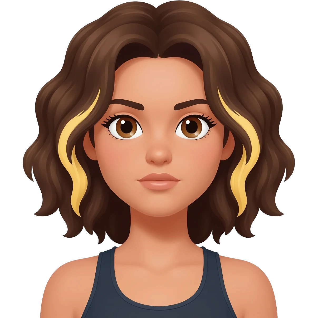 Una chica de piel clara/oscura de ojos marrones pelo castaño ondulado con mechas rubias una en el lado izquierdo debajo de una capa de pelo y la otra detras y tiene un cuerpo de atleta emoji