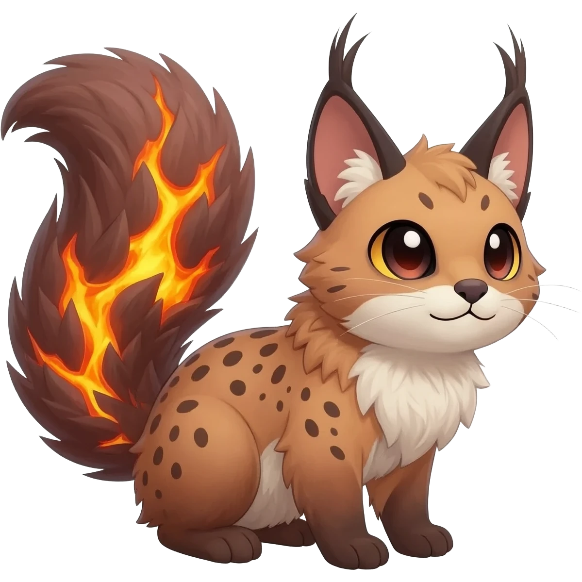 realistic  ember-rust copper fur molten with glowing magma seams and smoky tips beautiful elegant pretty precious cute  Fakémon-Pokémon-opossum-feline-serval-caracal-chinchilla-Furret-Minccino-hybrid-creature with a big fluffy bushy tail (full body) emoji