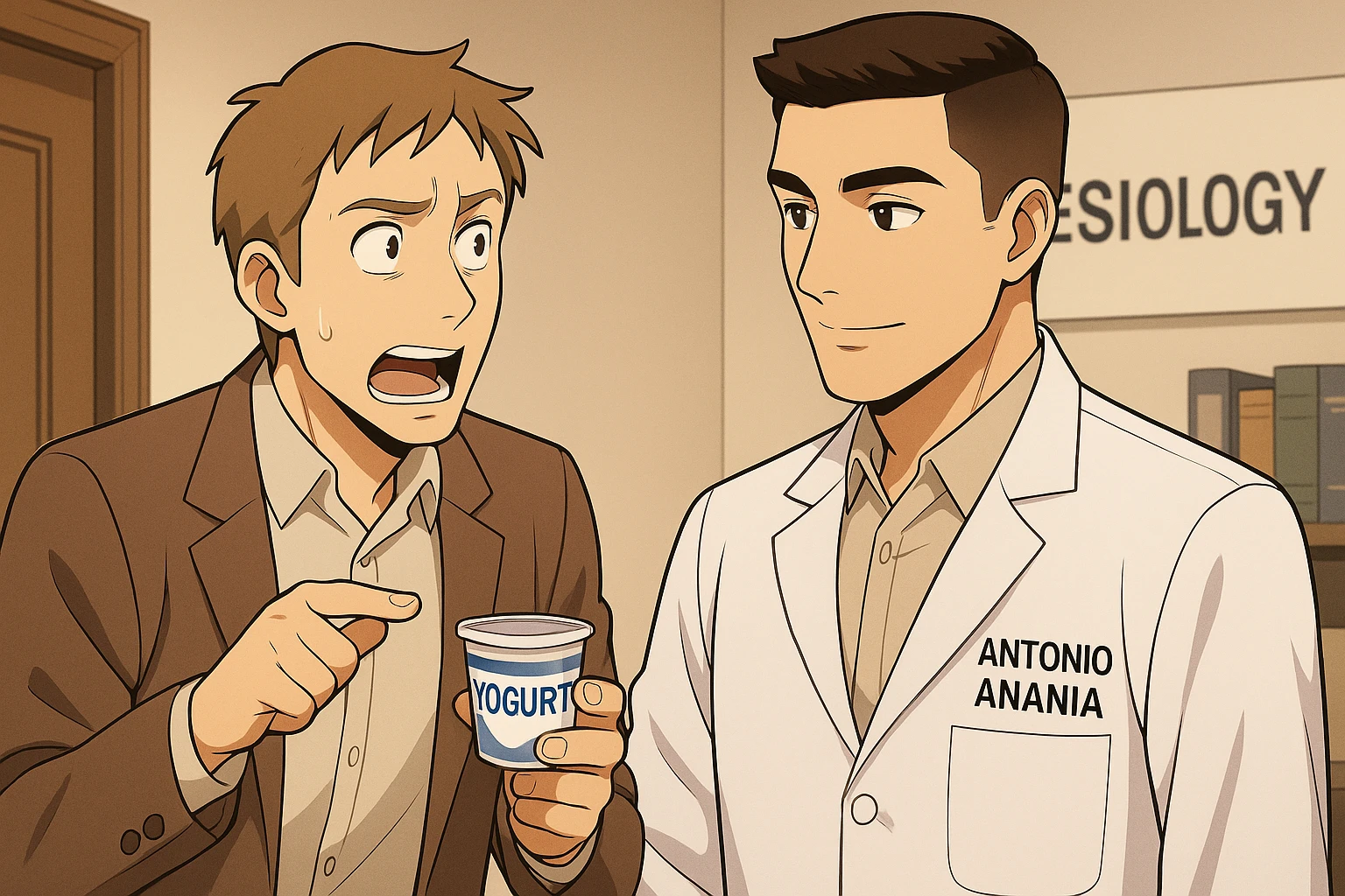 fai un webtoon manga a colori con questo stile, in cui un uomo chiede al kinesiologo con il camice bianco (fagli anche la scritta "ANTONIO ANANIA" SUL CAMICE, una domanda e il kinesiologo gli risponde, L'UOMO INDICA LO YOGURT CHE HA IN MANO ED è MOLTO ALLARMATO NEL FARE LA DOMANDA. non fare i fumetti però, fai solo in modo che sembri stiano parlando emoji