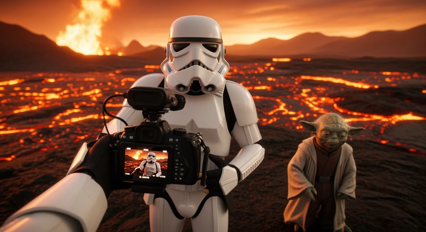 Camera POV, Starwars stormtroopers vlogging holding camera, he is walking on lava planet with yoda emoji