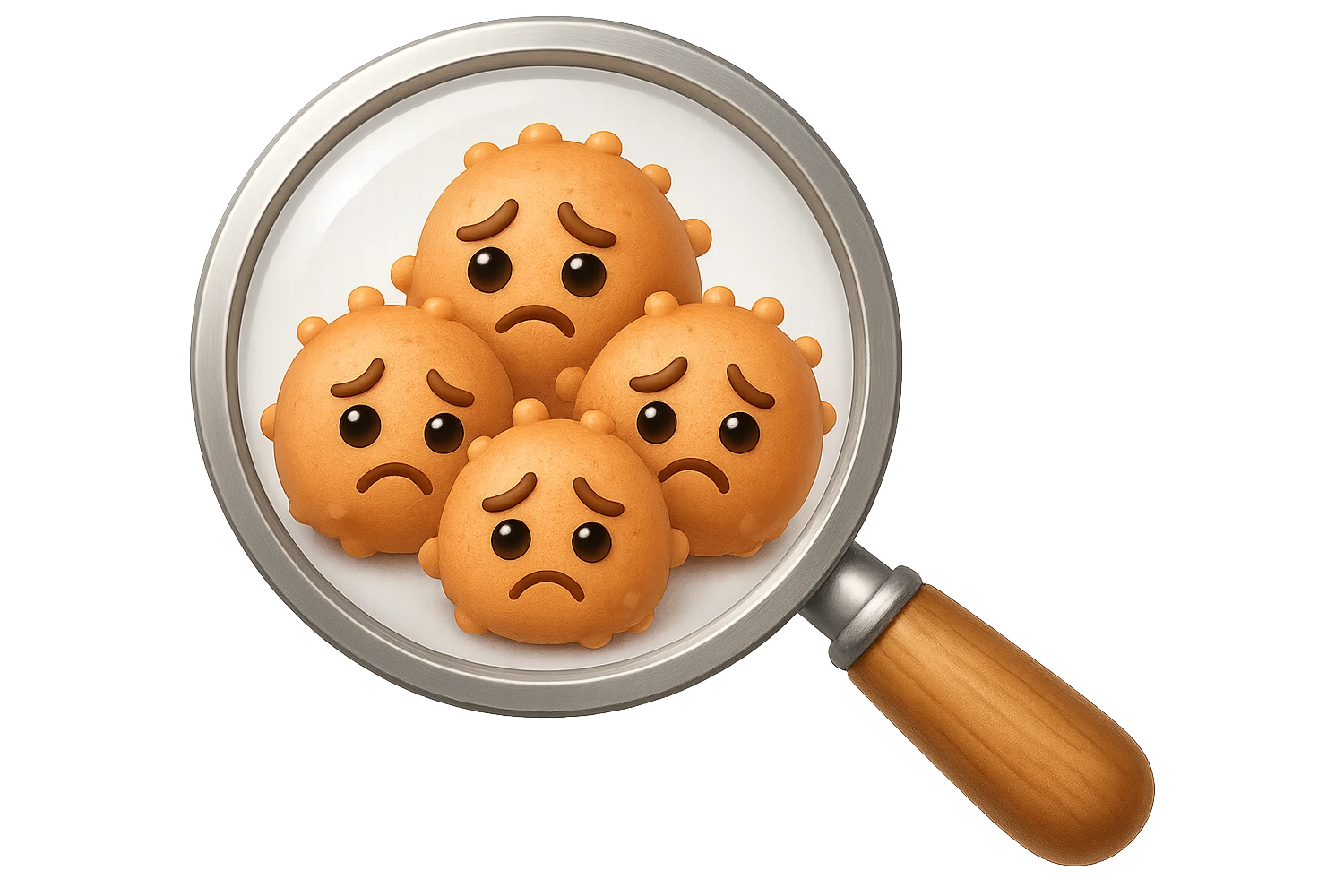 EMOJI STILE IPHONE DI una lente di ingrandimento che inquadra un cumulo di batteri intestinali tristi, IPERREALISTICO 4K emoji
