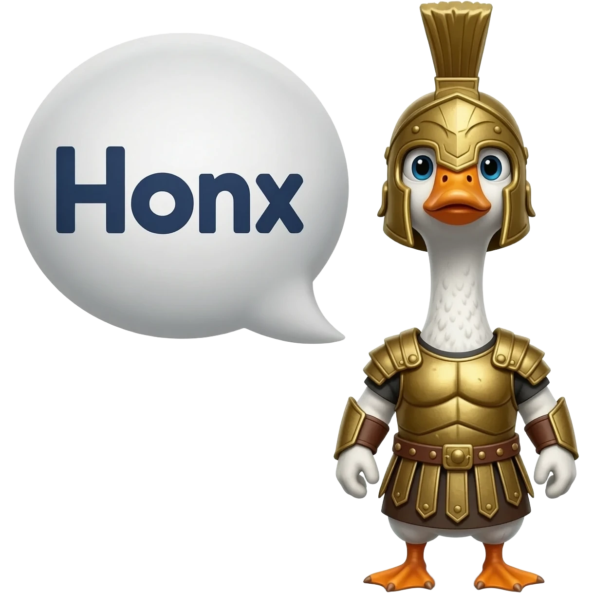 Make the goose shout "Honx" in a speechbubble. Make thw words big and the spartan goose small emoji