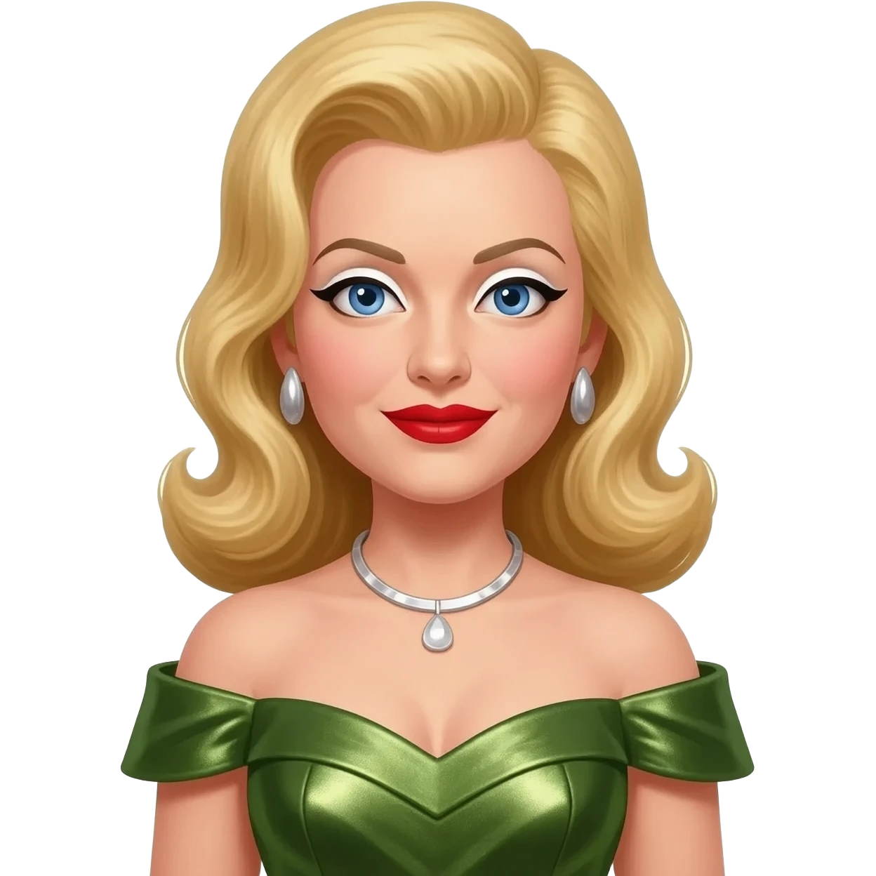 Patty Andrews from The Andrews Sisters with blue eyes, long blonde hair, white eyeshadow, red lipstick, olive green metallic off shoulder dress, silver necklace and earrings emoji