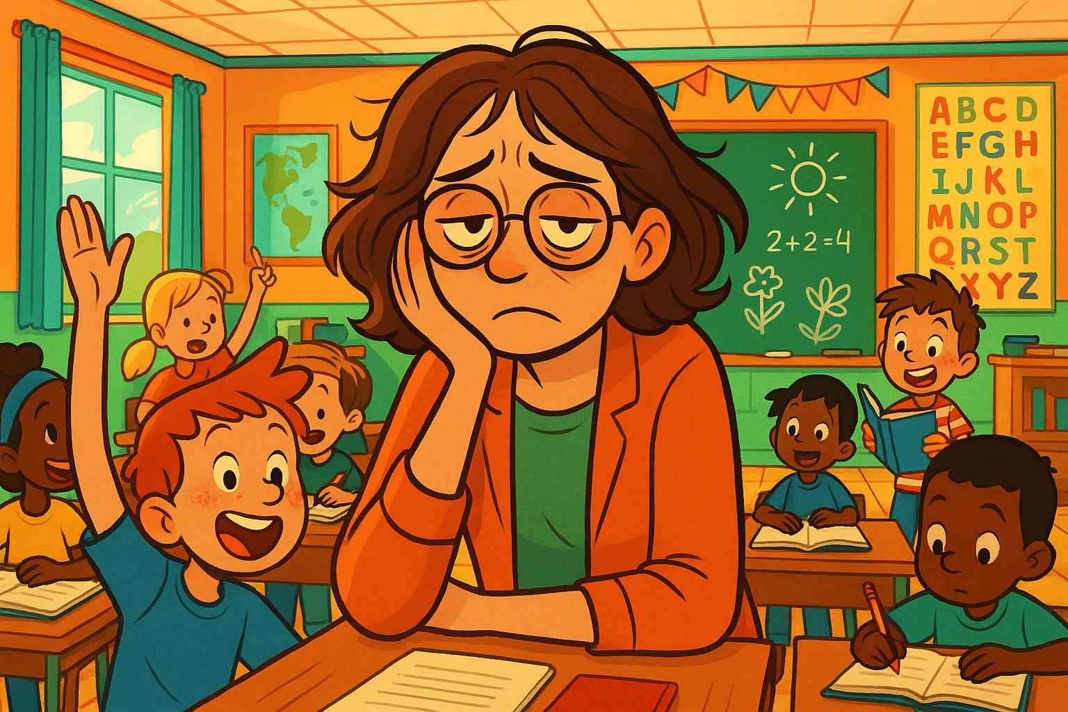 digital cartoon art of a exhausted teacher in a bustling classroom emoji