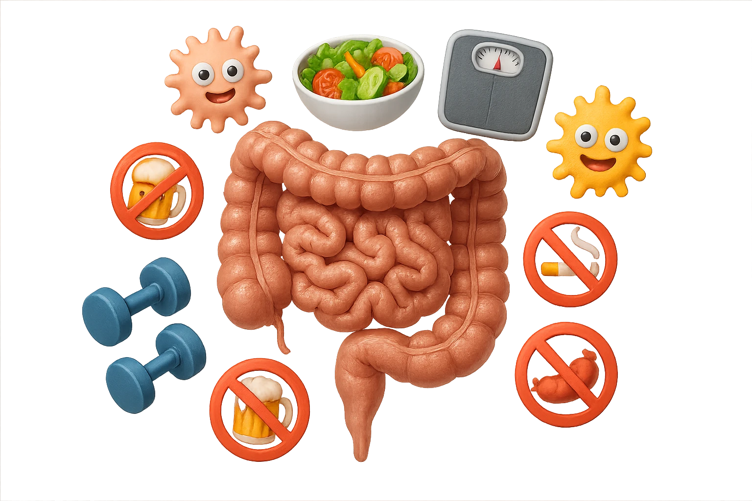 intestino umano anatomico realistico al centro, intorno al quale ruotano emoji stile iphone di: due batteri intestinali felici, una bowl di insalata, una bilancia pesapersone, manubri da palestra, e un boccale di birra con divieto 3d sopra, una sigaretta con divieto 3d sopra e un wurstel con divieto 3d sopra, fluttuano in aria, iperrealistico 4k emoji