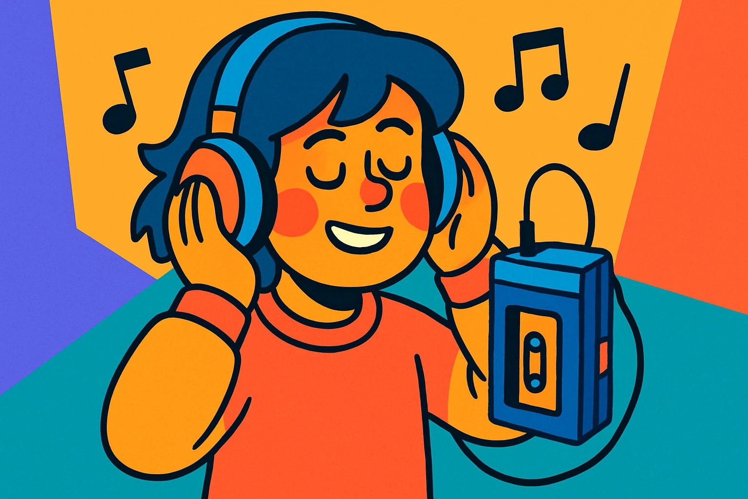 Stranger Things inspired character listening to music with headphones connected to a cassette tape player, vibrant toon style, wide aspect ratio 16:9 emoji
