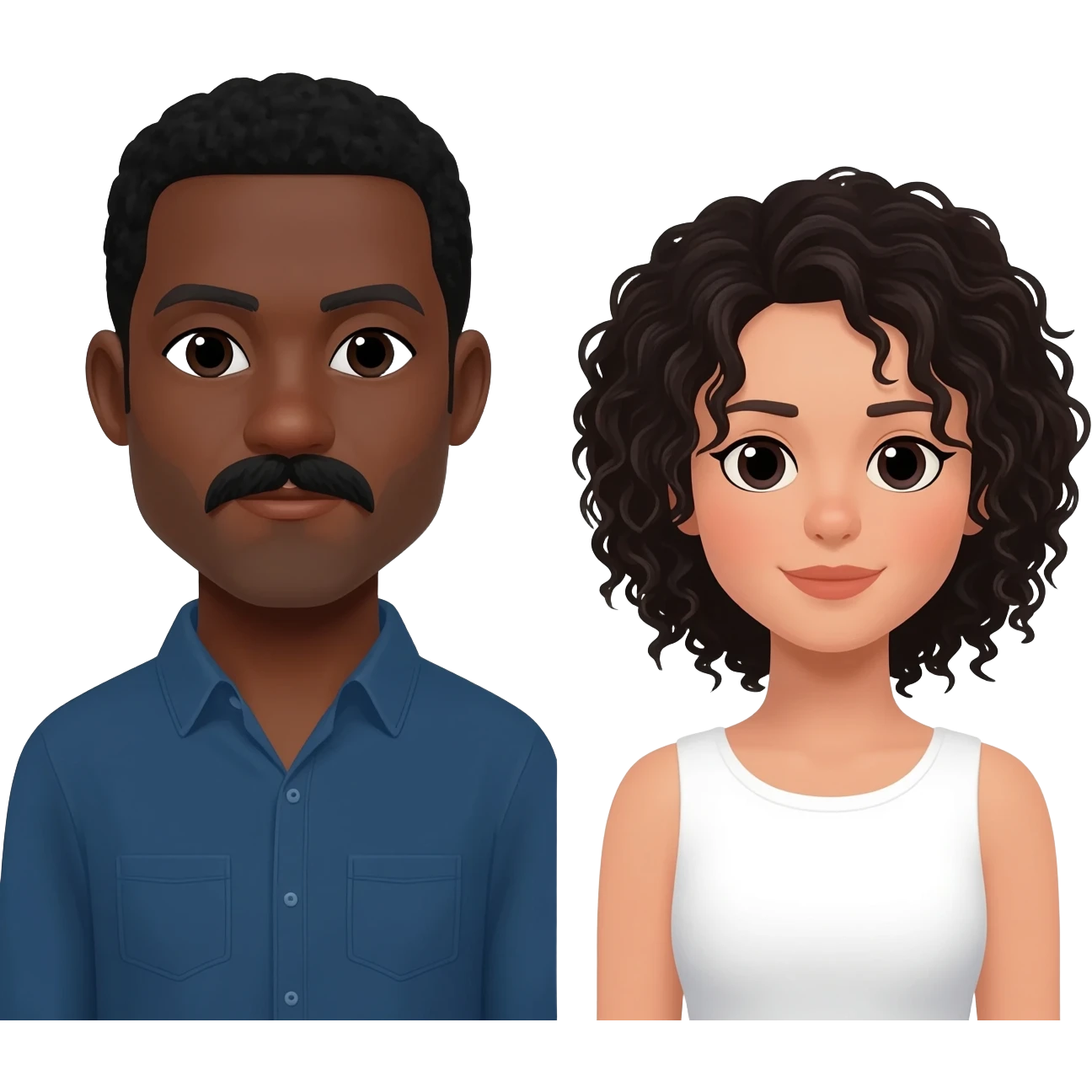 Homem Negro com cavanhaque emulher branca cabelos cacheados e preto emoji