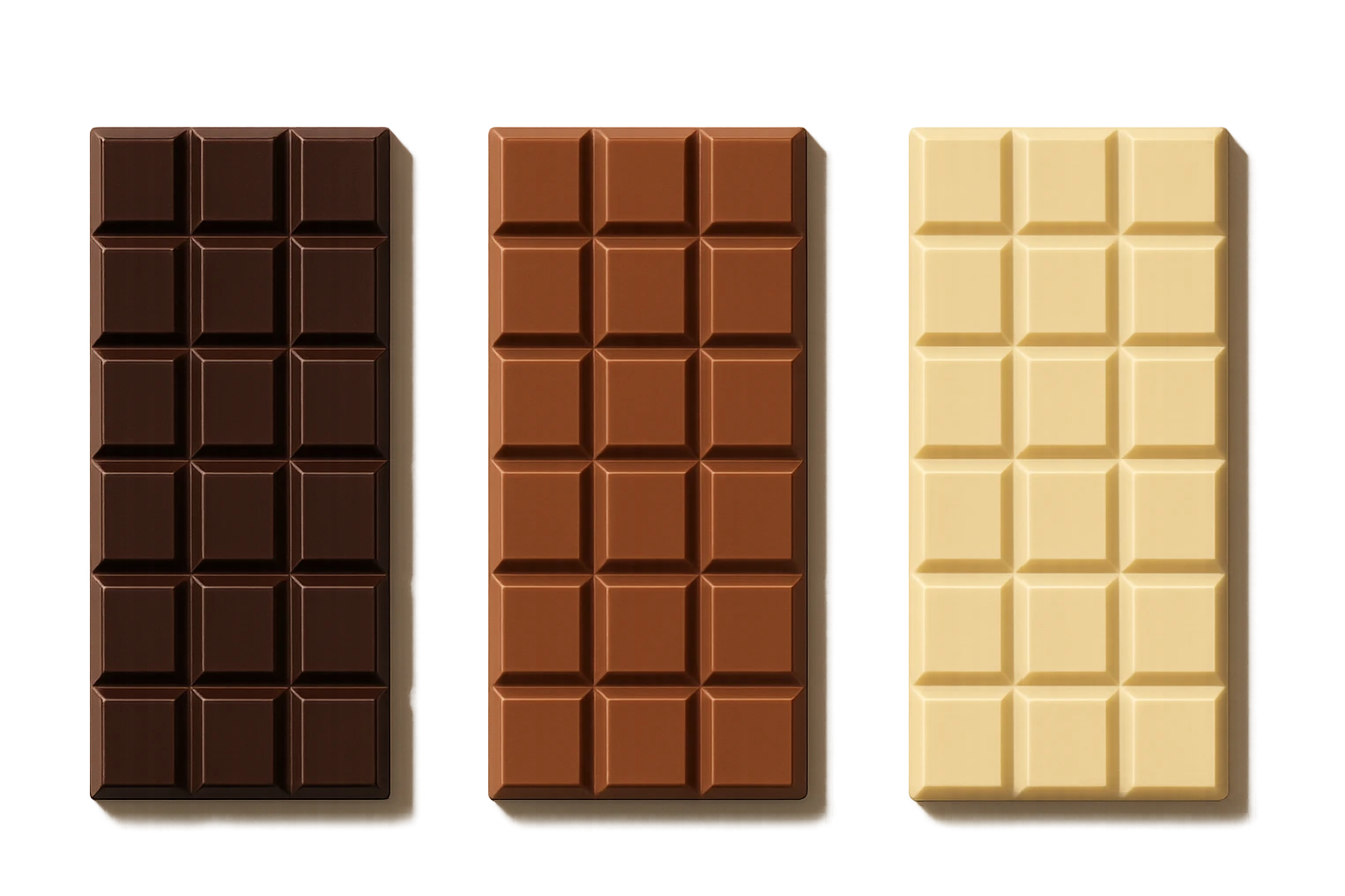 3 BARRETTE DI CIOCCOLATO, UNA FONDENTE, UNA AL LATTE E UNA BIANCA, CON OMBRA REALISTICA, VISTE DALL'ALTO, IPERREALISTICO 4K emoji