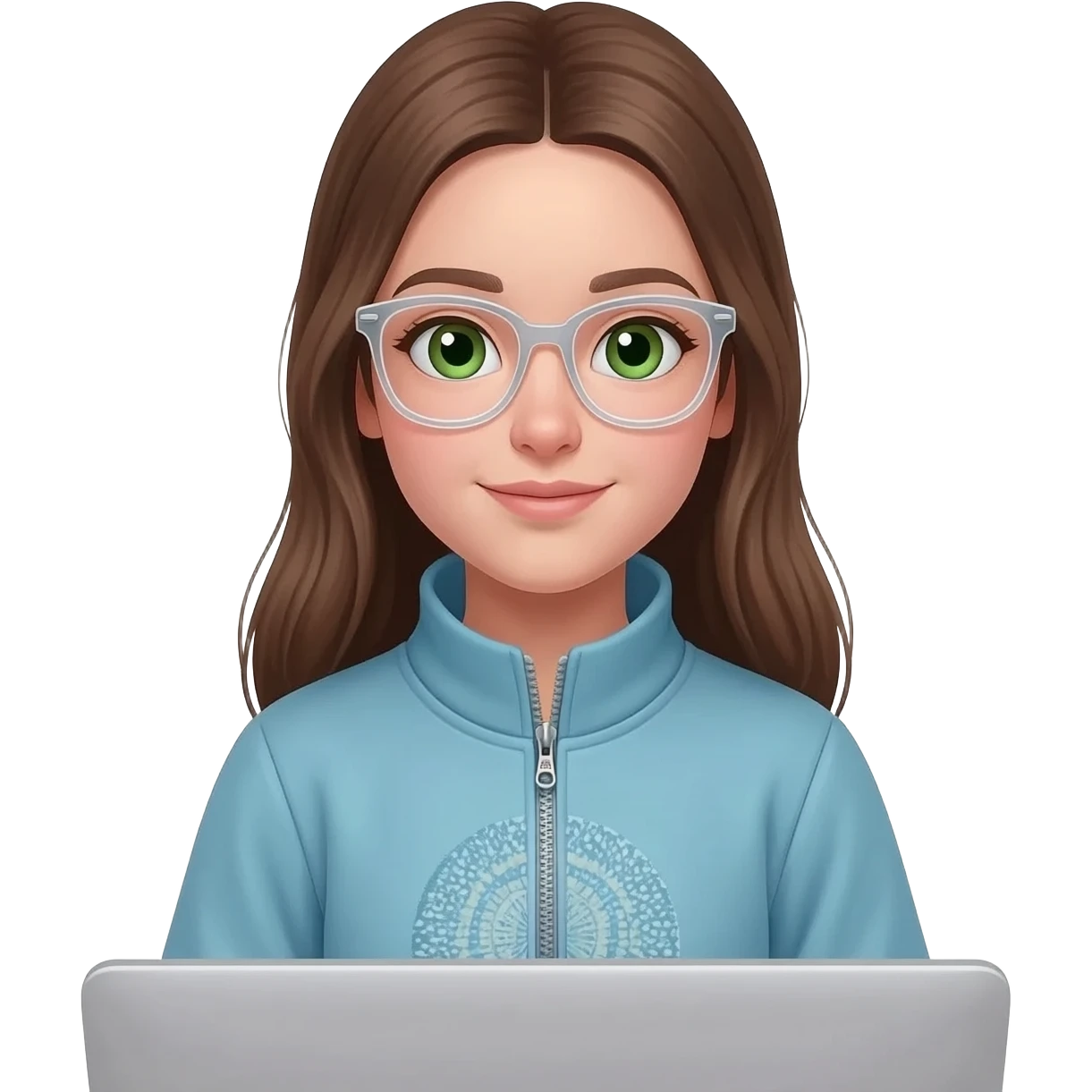 15 year old girl,long  brown hair, clear glasses, and green  brown  eyes, and her in a computer, with a light blue lululemon  zip up, with on the ziper a circle sweater emoji