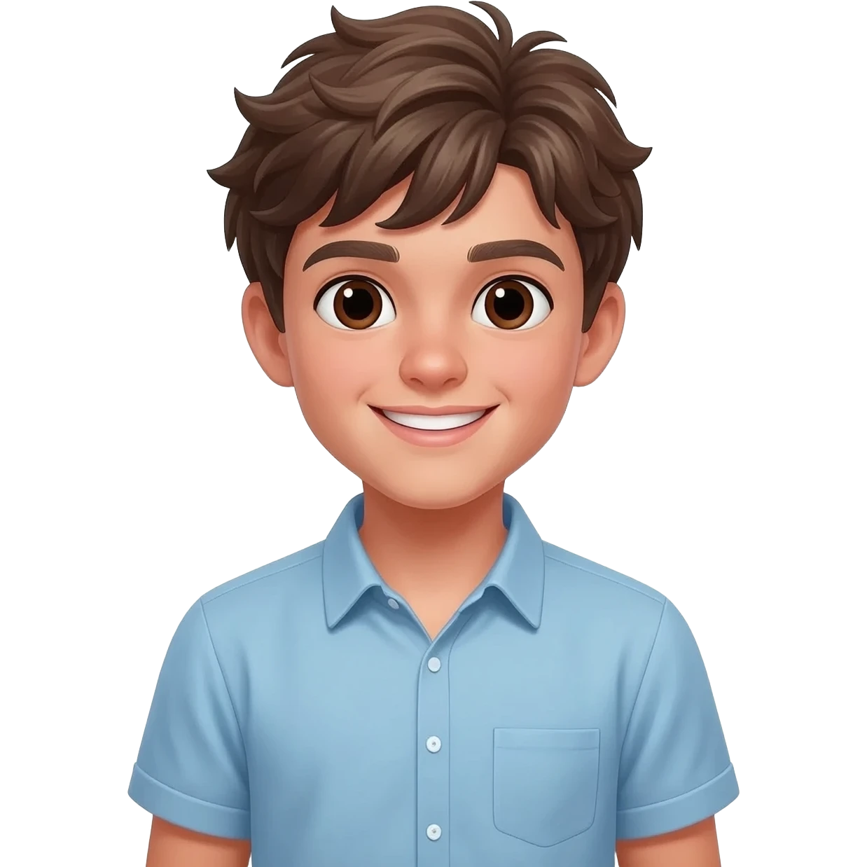 create an emoji of a teenage man, very very slightly tanned face, smile. he has an cool look, very messy brown hair, dark brown eyes, natural lips. he wears a short sleeve light blue emoji