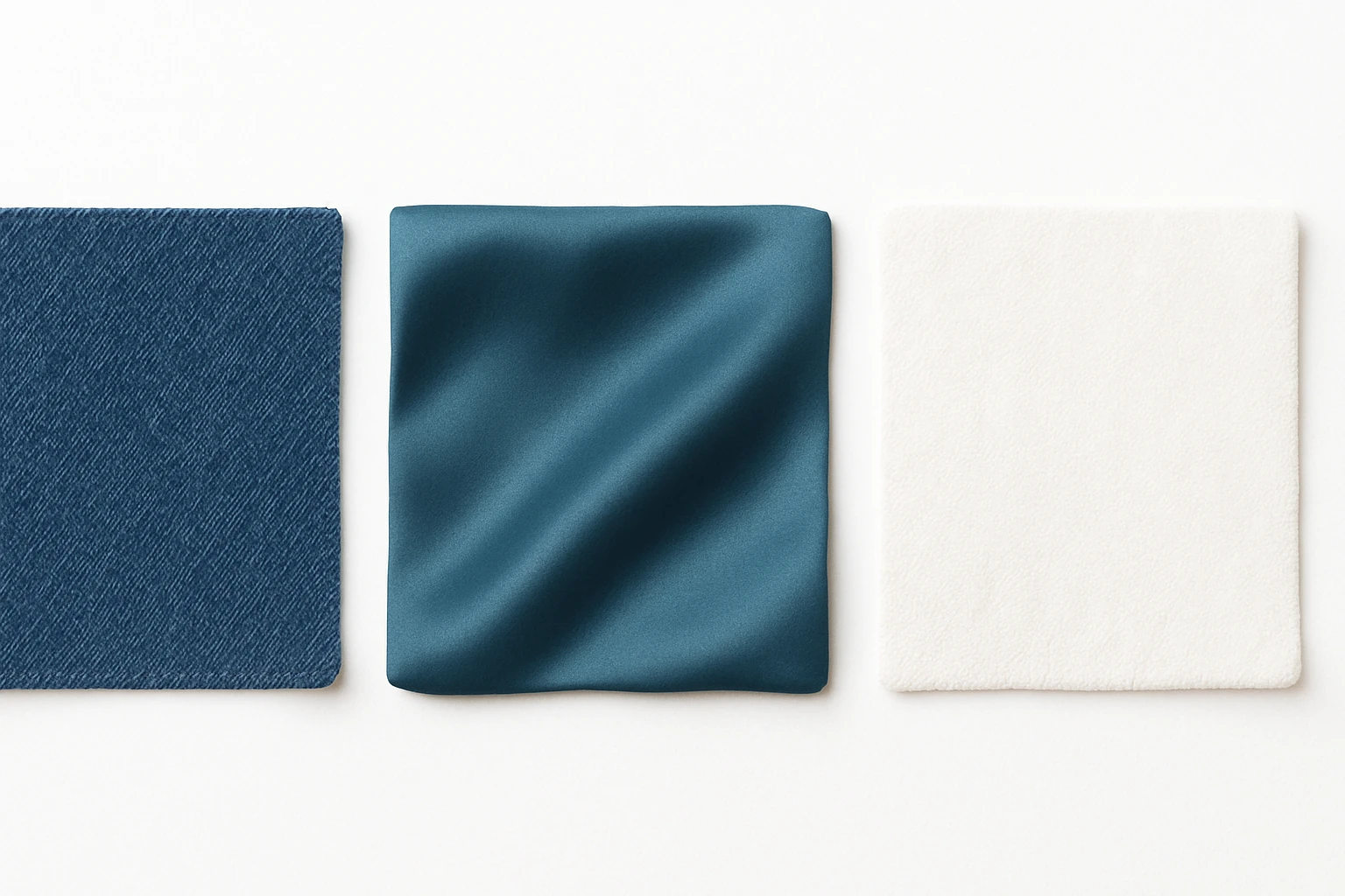 Сгенерируй мне аккуратный, но не квадратный, кусок джинсовой ткани, на чисто белом фоне. И чтобы было три разных ткани, допусти одна джинсовая, вторая шелк, третия хлопок. 

 emoji