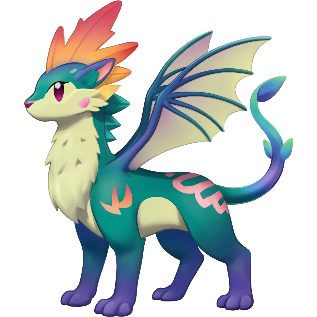 Rare realistic exotic aesthetic gradients-colorful vibrant Vernid-Protogen-Primagen-Wickerbeast-Genet-Sergal-Trico-species-Fakemon-hybrid-creature by LiLaiRa, beautiful intricate markings, full body emoji