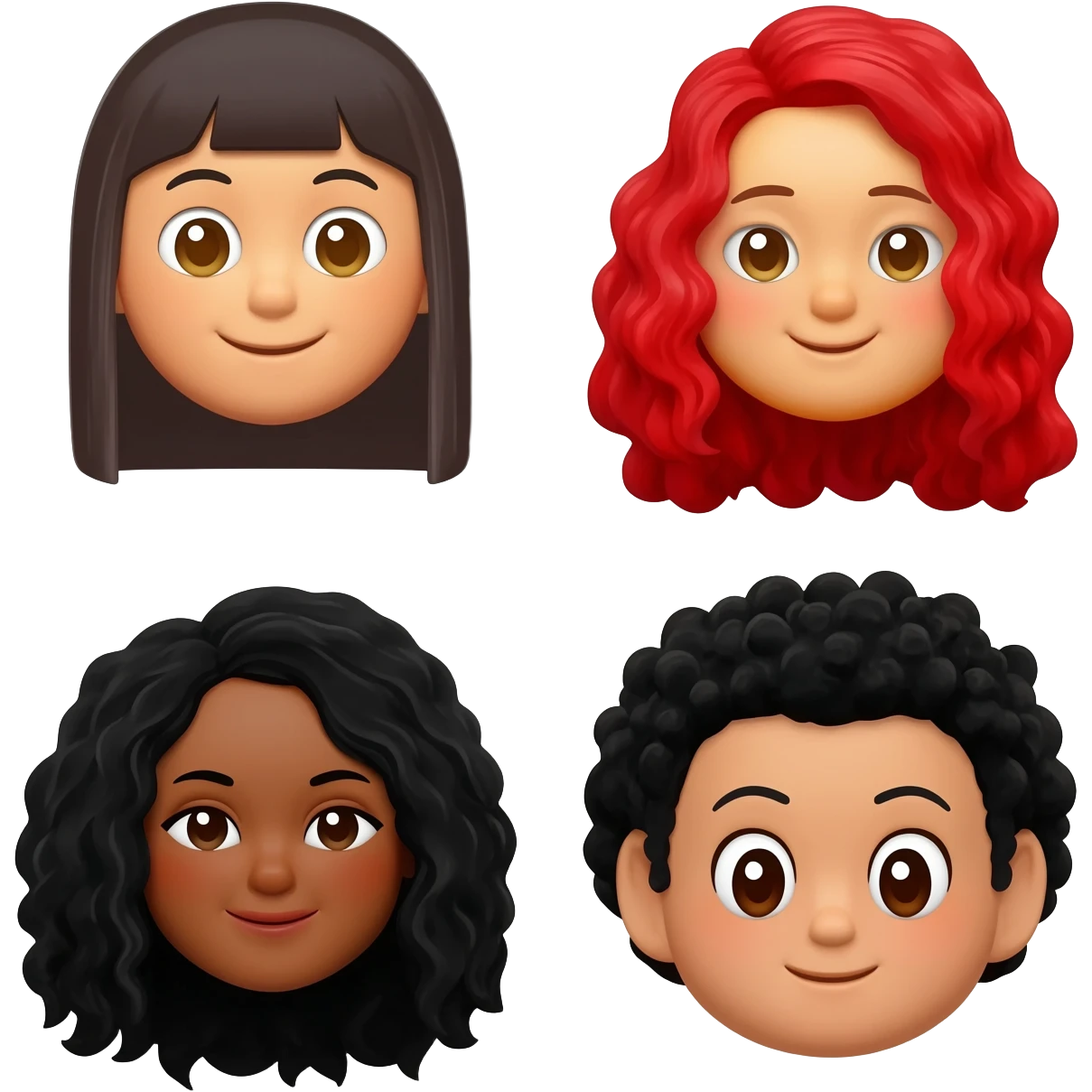 Faça o emoji de 4 amigas, uma com cabelo liso, uma com cabelo cacheado longo vermelho, uma com cabelo cacheado longo preto e uma com. O cabelo cacheado curto preto emoji