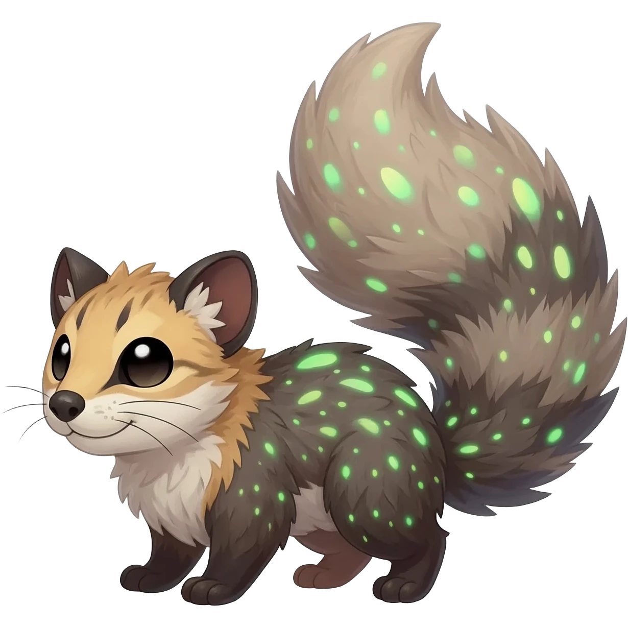 Hyper realistic   fur seeded with bioluminescent speckles beautiful elegant pretty precious cute  Fakémon-Pokémon-opossum-feline-serval-caracal-chinchilla-Furret-Minccino-hybrid-creature with a big fluffy bushy tail (full body) emoji