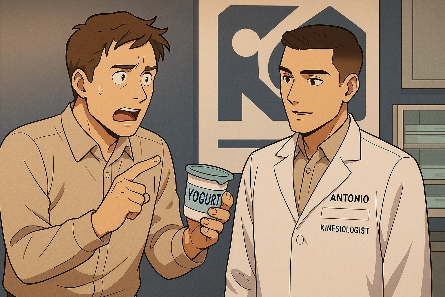 fai un webtoon manga a colori con questo stile, in cui un uomo chiede al kinesiologo con il camice bianco (fagli anche la scritta "ANTONIO ANANIA" SUL CAMICE, una domanda e il kinesiologo gli risponde, L'UOMO INDICA LO YOGURT CHE HA IN MANO ED è MOLTO ALLARMATO NEL FARE LA DOMANDA. non fare i fumetti però, fai solo in modo che sembri stiano parlando emoji