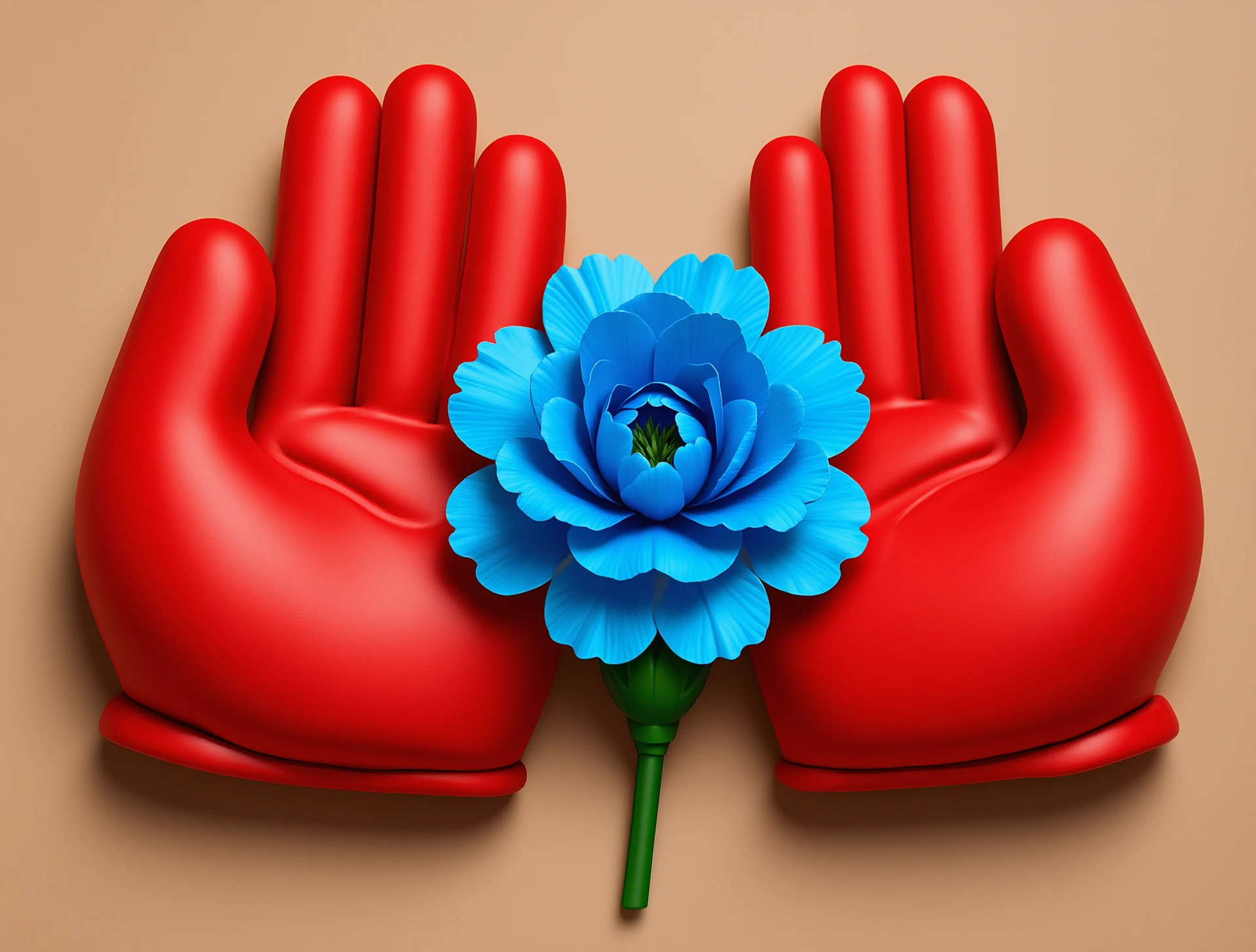 Transform the tattoo of two red batting gloves held together, palms facing out, with a blue carnation in the center, into a 3D realistic style. Emphasize depth, texture, and lifelike shading for both the gloves and the carnation, keeping the original composition and colors. emoji
