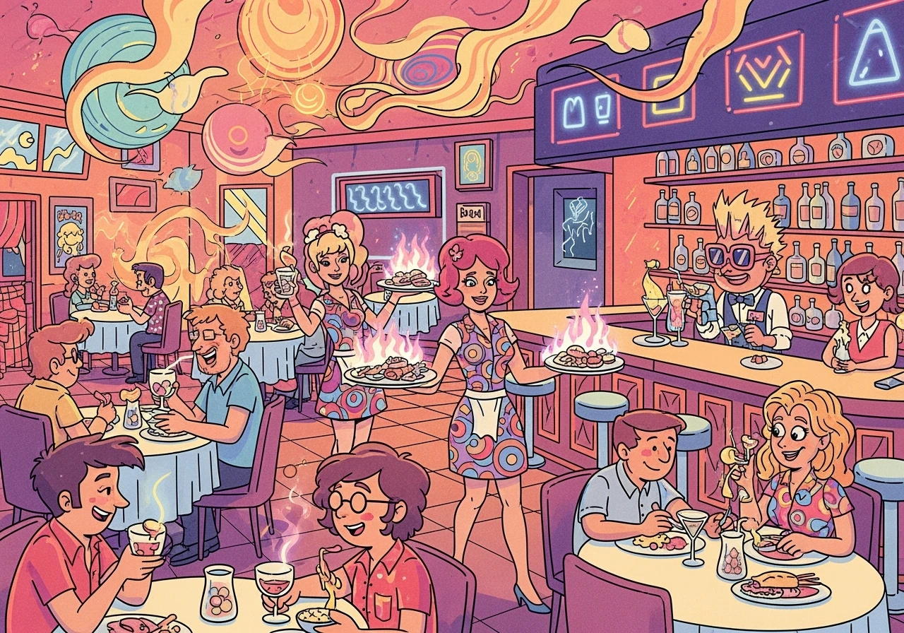 Illustration d'un restaurant avec des clients à table, des serveuses qui prennent les commandes et qui amènent les plats. Un barman sert des cocktails. Ambiance chaleureuse, clients ravis. Cartoon années 80, couleurs et effets psychédéliques. emoji