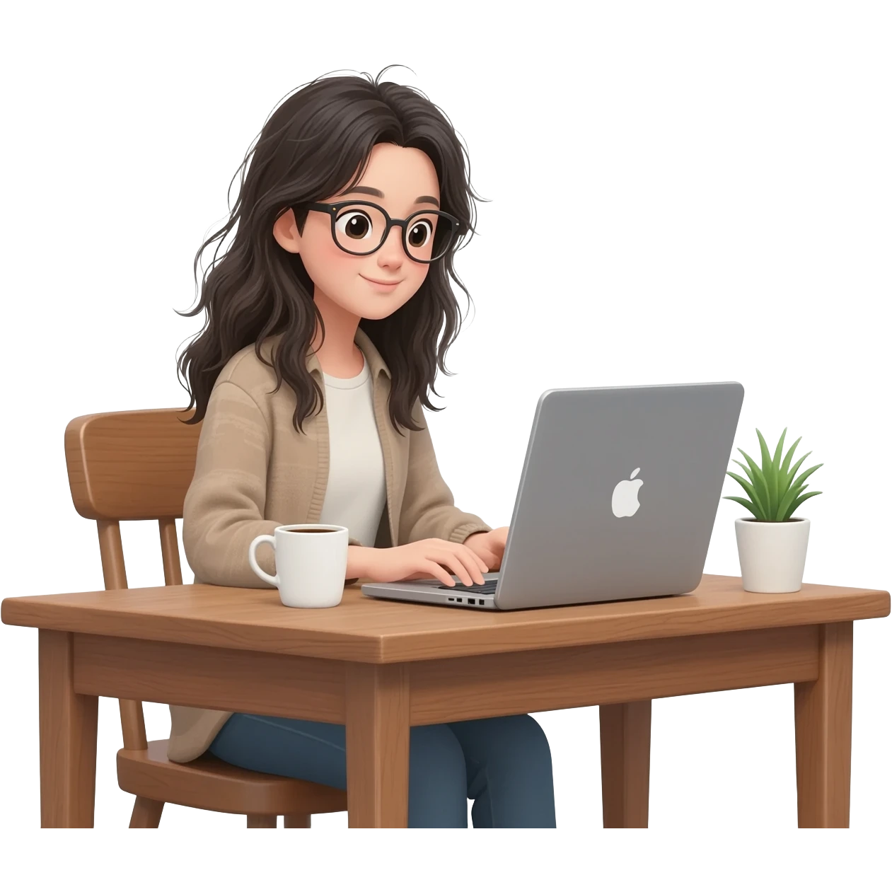 asian girl with messy long  hair and glasses working from home  on PC emoji
