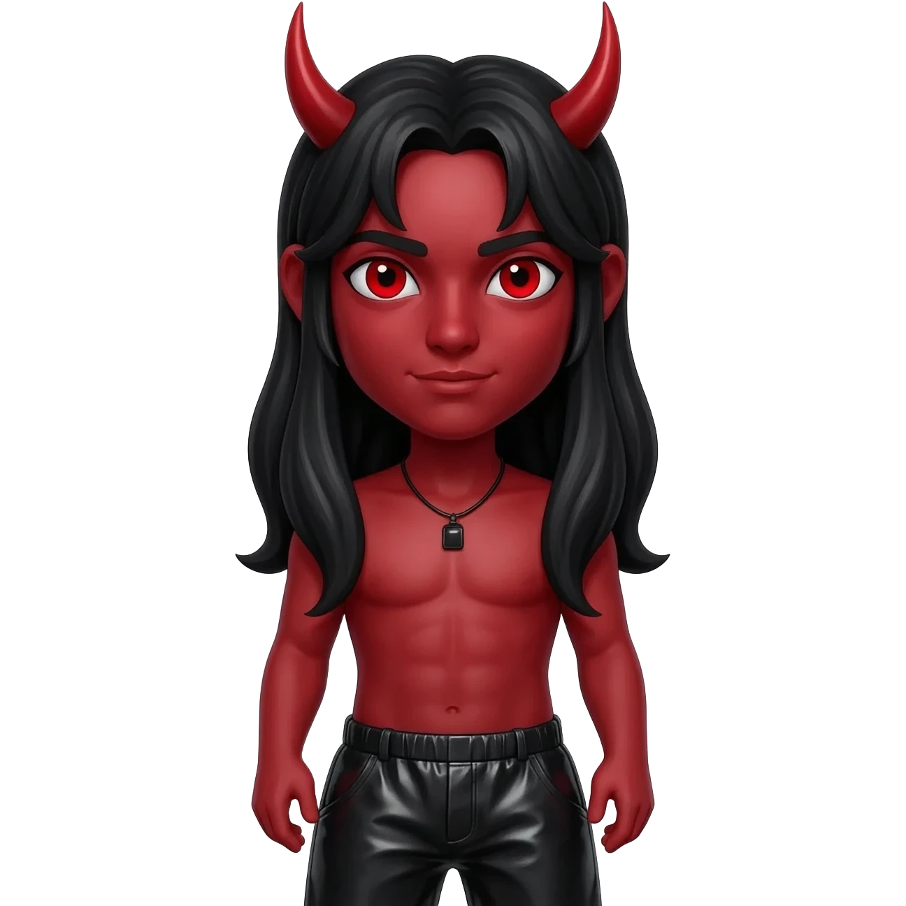 Satan from Christian Mythology with red skin, red eyes, long black hair, black metallic baggy pants, shirtless with black necklace emoji