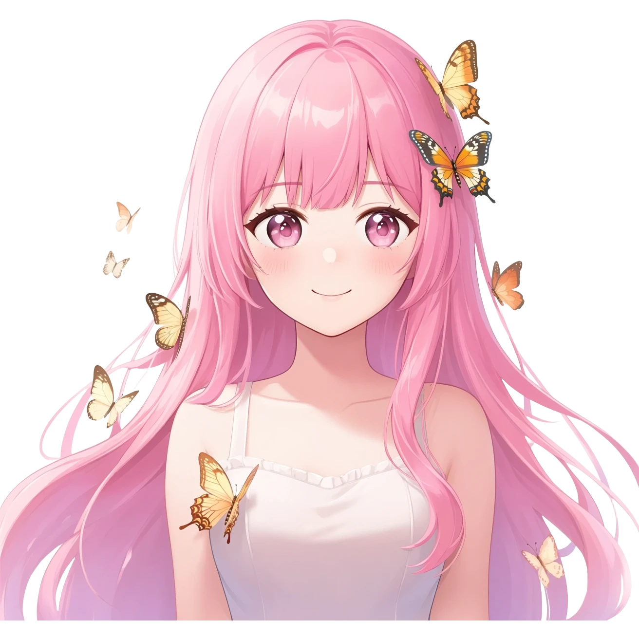 gorgeous shiny blushing anime lady with butterflies and beautiful hair fairycore high quality detailed vogue trending aesthetic emoji