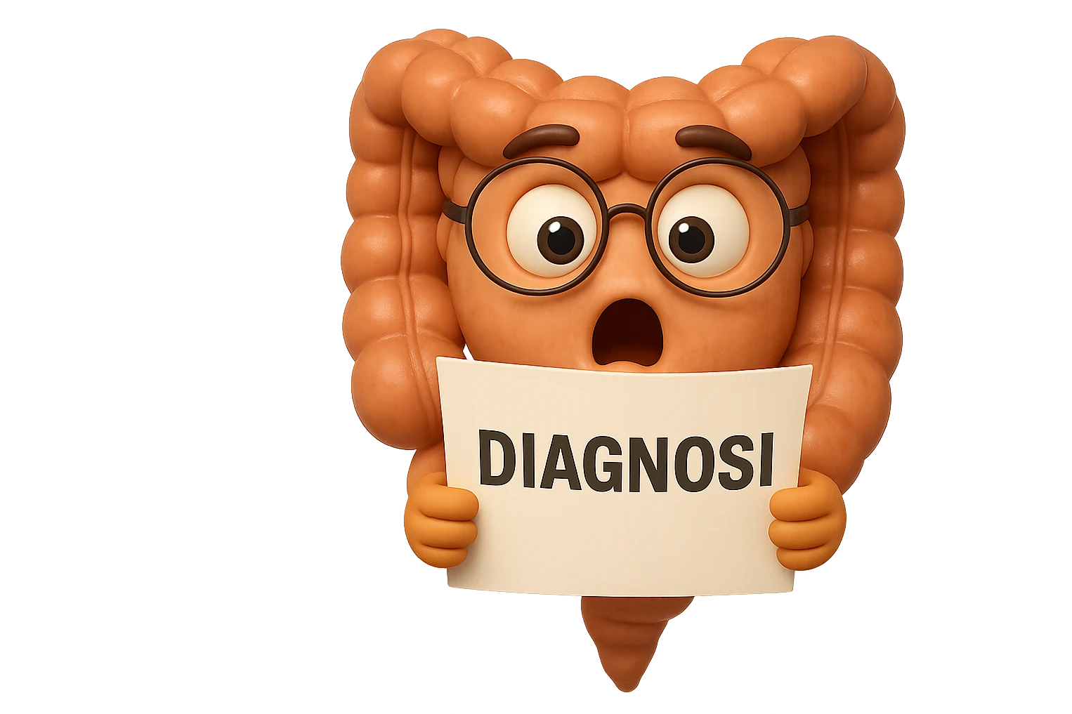 EMOJI STILE IPHONE DI UN INTESTINO CON GLI OCCHIALI CHE LEGGE UN FOGLIO CON LA SCRITTA DIAGNOSI, ESPRESSIONE STUPITA IN VOLTO, IPERREALISTICO 4K emoji