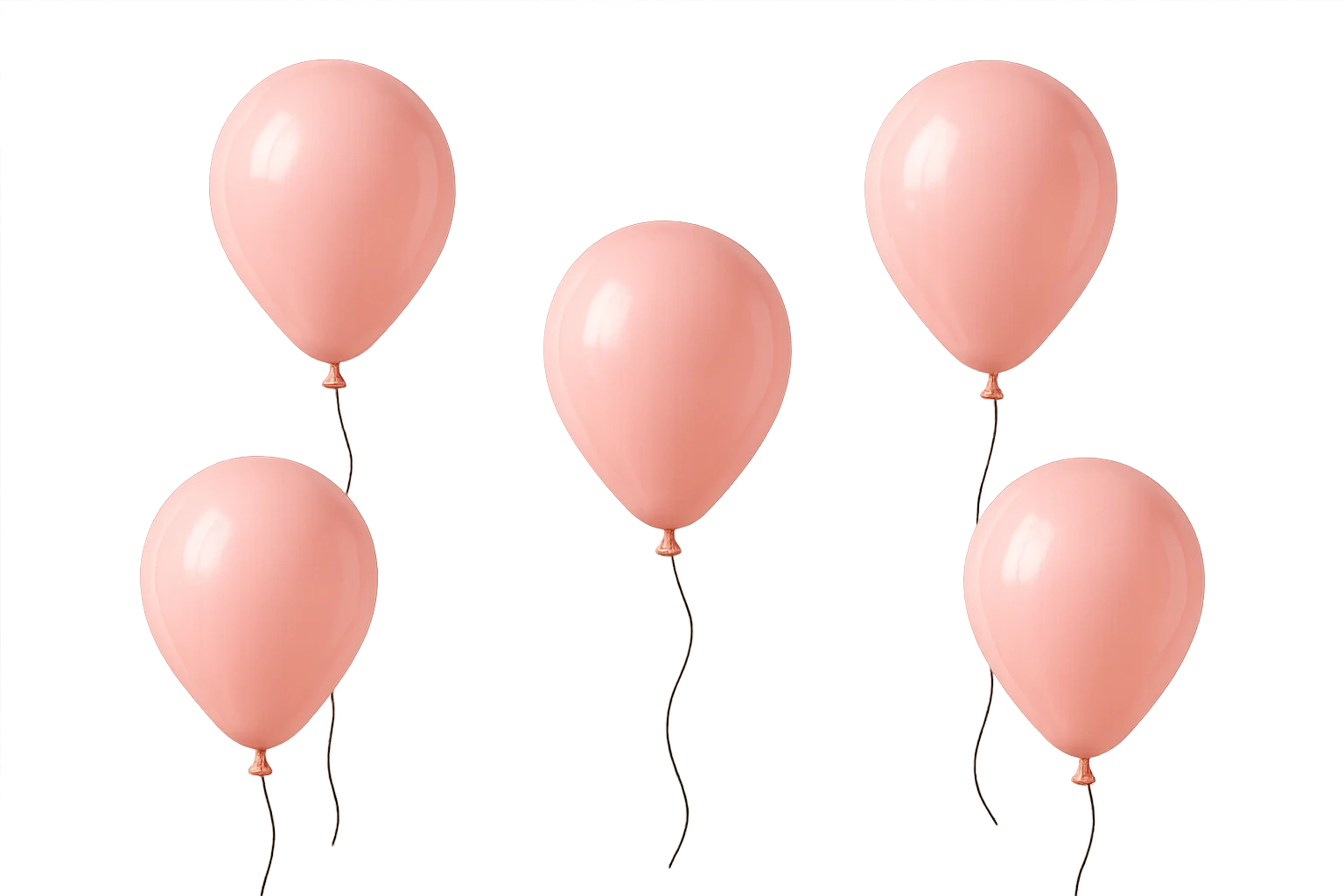 5 palloncini rosa fluttuano in aria isolati su sfondo bianco, iperrealistico 4k emoji