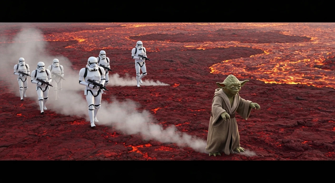 Shot on vlog camera, Starwars stormtroopers is walking on lava planet with yoda emoji