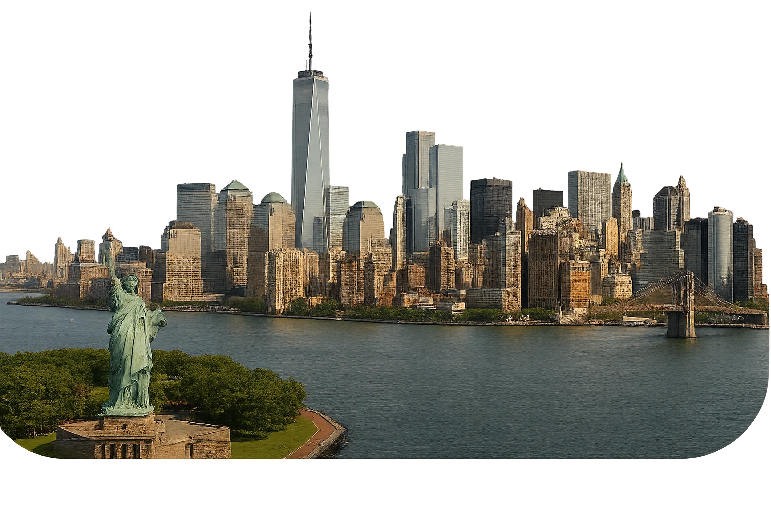 cinematic, realistic emoji of New York City, wide city view focusing on Lower Manhattan with the Statue of Liberty, One World Trade Center, Brooklyn Bridge, and Battery Park, lifelike architectural detail, accurate colors, bright daytime lighting, fully transparent background, no sky, no clouds, no city name label emoji